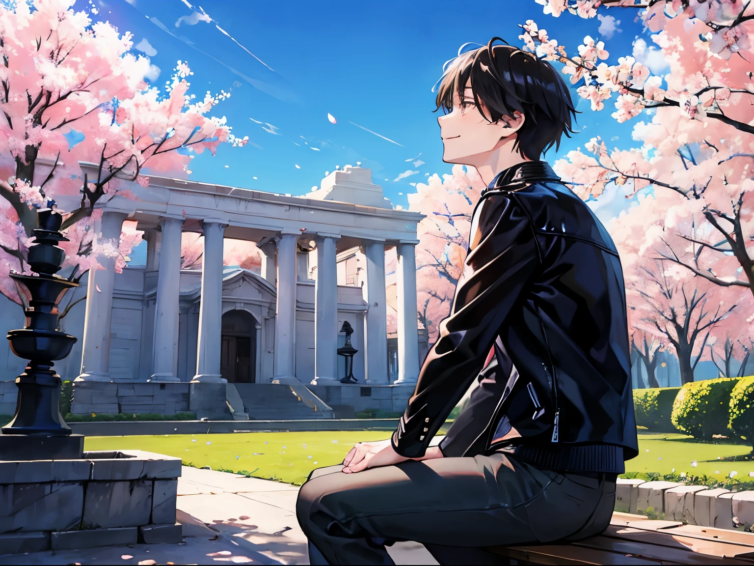 young man looking up at cherry tree、smiling、profile、garden、sitting on the bench、Wearing a black leather jacket、black hair、1 male