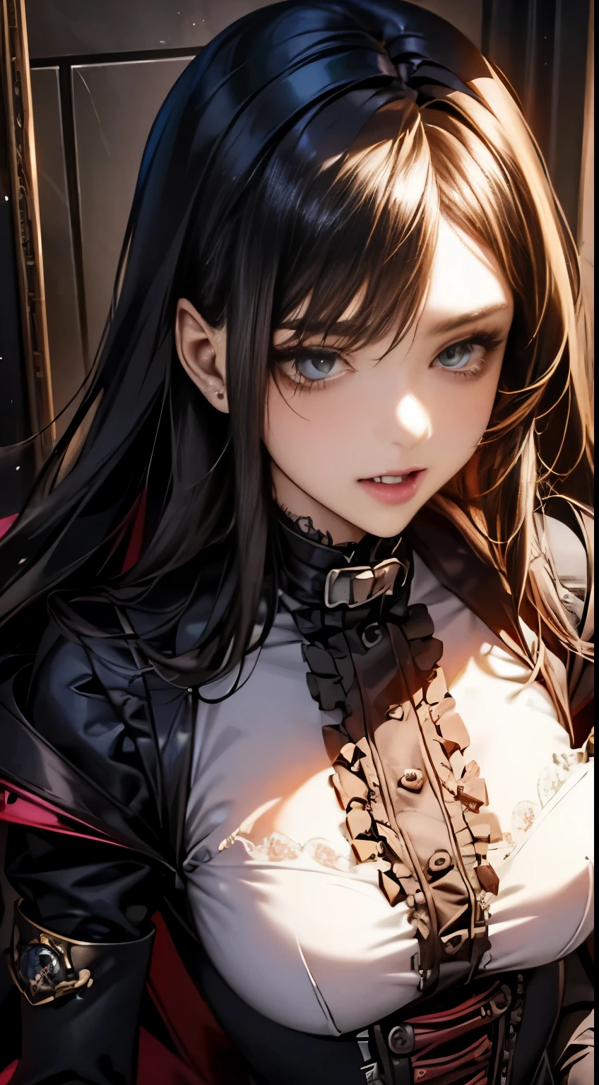 cybernetic female vampire,female vampire robot butler, metal mechanical face,mechanical joint,Female robot wearing a housekeeper's uniform,female robot housekeeper、Responsible for various household chores and handling of the fireplace.,sofa,victorian style, steampunk,