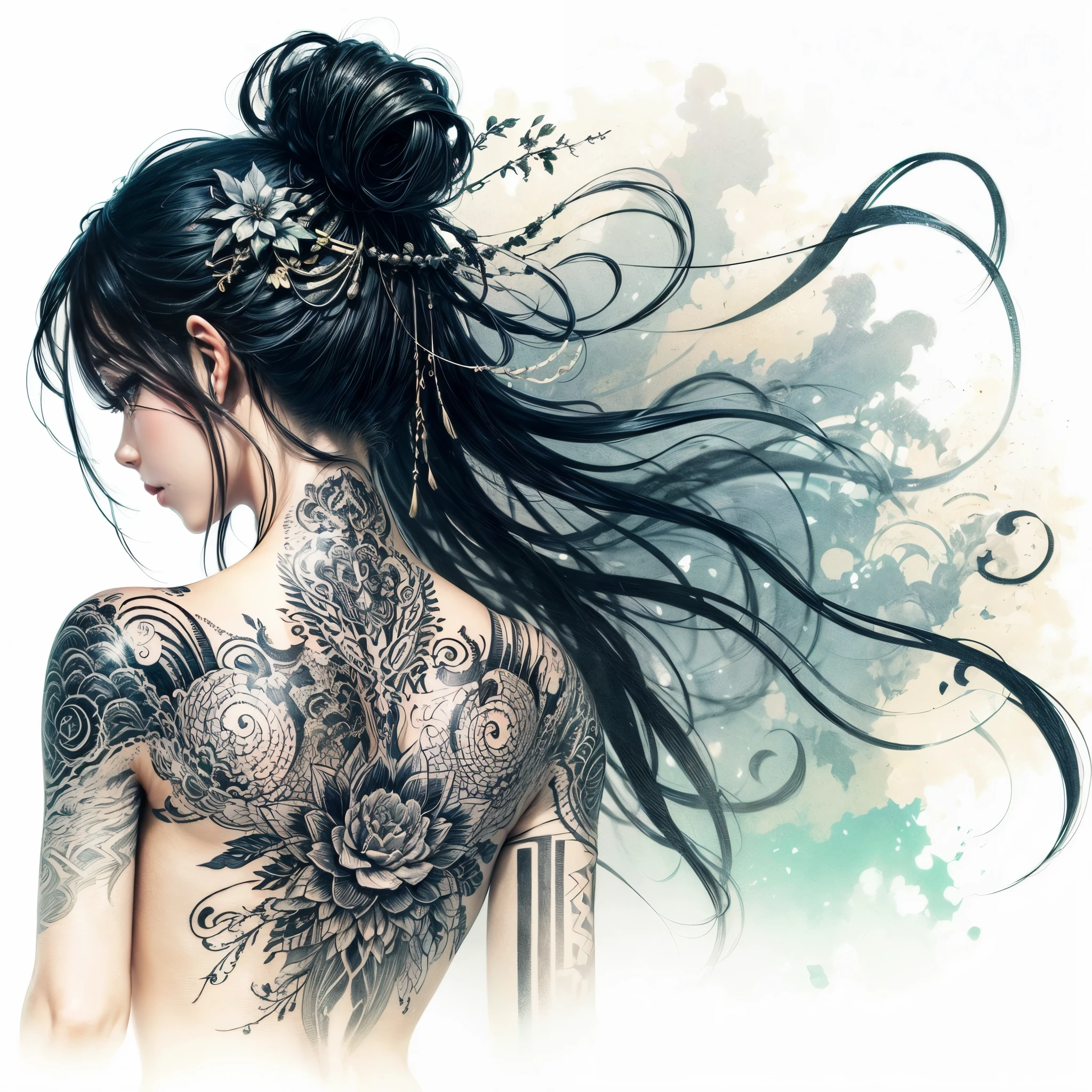 ((Meisterwerk, high quality, artgerm, artstation)),(beautiful japanese woman, traditional tattoo, perfect body, sensual, beautiful face:1.3),intricate ultra detailliert, vibrant color, Woman with a tattoo and a flower in her hair, a beautiful work of art illustration, exquisite digitale Illustration, beautiful beautiful digital art, ruhige Illustration, beautiful work of art, beautiful digital art, Beautiful digital artwork, nice illustration, Illustrationskunst, wirbelndes schwarzes Haar, Colored illustration for tattoo,