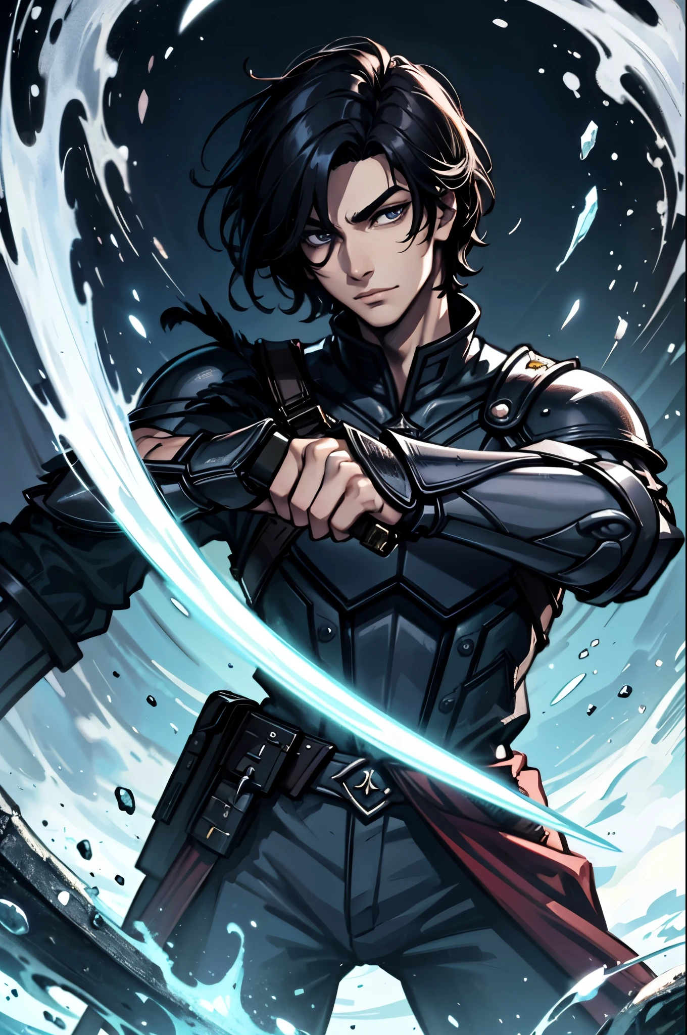 black hair,handsome prince,fantasy,magic,mystery,Holding a long sword,wearing armor