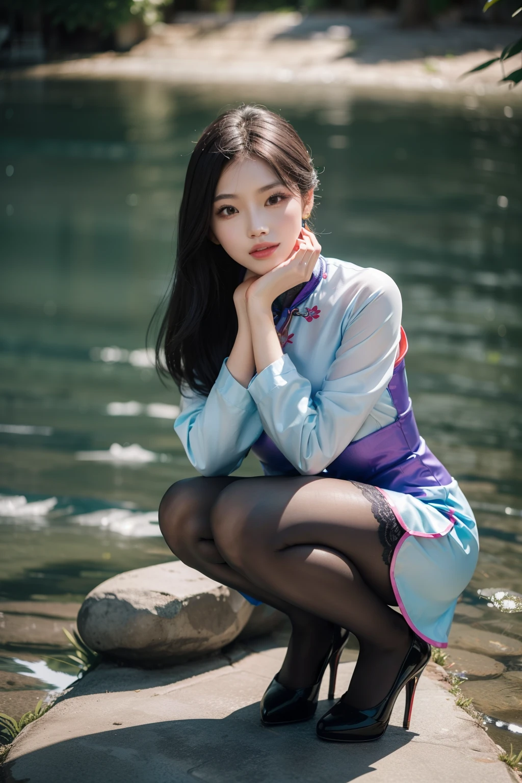 (full body:1.5)，(looking at viewer:1.4)， (Wearing Pantyhose, high heels, and Republic of China cheongsam:1.2), (Squatting down in the water:1.2),(In pink|amarelo|blue colors|green color|red colour|white colors|black in color|purpleish color|greys|Beige|Flesh color 1.4)，(Accurate and perfect face:1.4),A shallow laugh,,hyper HD, Ray traching, reflective light，structurally correct, Award-Awarded, high detal, lightand shade contrast, Face lighting，cinmatic lighting, tmasterpiece, super detailing, high high quality, high detal, best qualityer, 16k，high contrast,