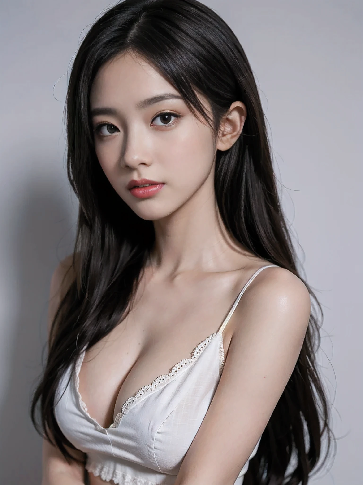masterpiece, best quality, Super detailed, Detailed face, 1 girl, alone, long_hair, Upper body, (looking at the audience:1.5), intricate details,8k,(lifelike:1.4) ,Exposed milk。v collar,extra large breasts,Reveals sexy cleavage,