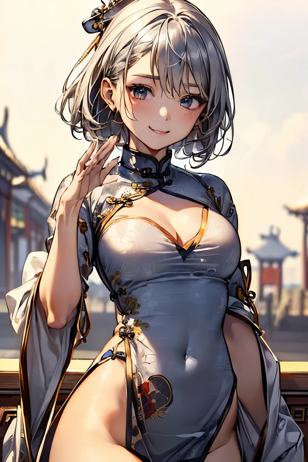 ((highest quality、8k、masterpiece:1.3)),clear, fine-textured skin、beautiful clear eyes、cleavage、(buckshot:1.5)、Carefree and natural smile、(medium bob,silver hair:1.5)、(My hair was messed up by the wind:1.3)、(cute china clothes:1.5)、beautiful girl with a smile、(thin waist:1.3)、(Dynamic and provocative pose:1.2)、
