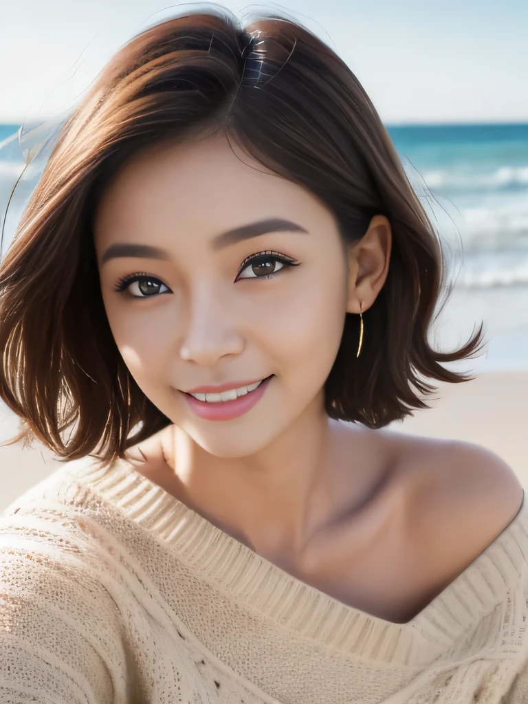 table top, highest quality, shape, Super detailed, finely, High resolution, 8k wallpaper, 完璧なダイナミックな構shape、Mature woman 27 years old cute girl、sweet girl、fiery idol pose、detailed face、Super detailedかわいい目、realistic lips、realistic and beautiful skin、shy smile、wavy brown short cut hair、small breasts、bold sexy pose、Sweater with one shoulder exposed、Winter beaches、