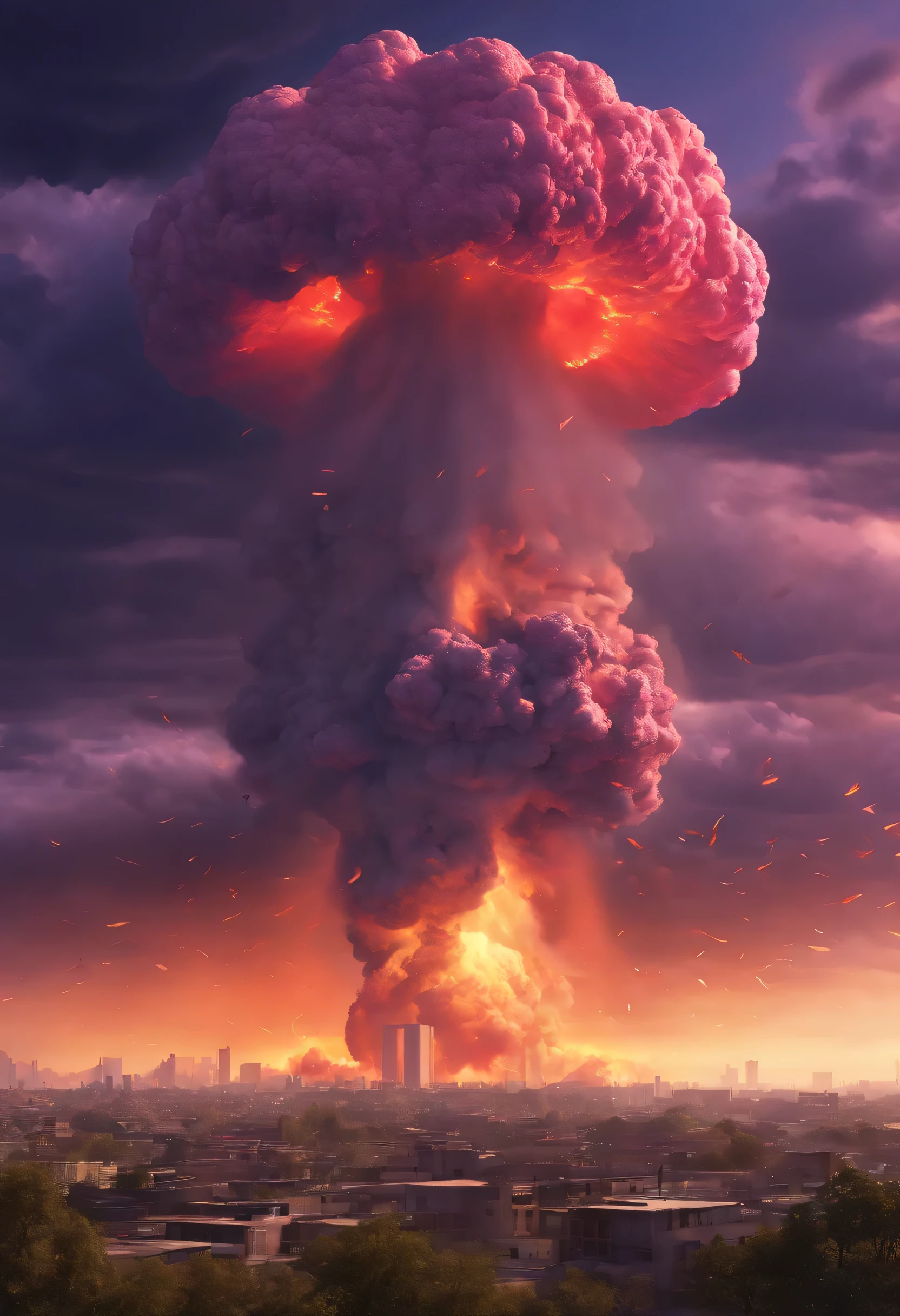 Dans cet Ultra HD, Ultra-realistic photo of'a massive nuclear explosion, A colossal mushroom cloud looms on the horizon. The scene recalls the devastating consequences of Hiroshima, Set in a dystopian world. La ville est en ruines, With collapsed buildings and twisted metal structures scattered across a desolate landscape. The sky is painted in a haunting mix of purple and orange hues. Photorealistic, hyperréaliste, Sharpness, volumetic, Red dramatic lighting, 20k, texture maximale, Dynamique, Photo brute, cinema lighting, chef-d'artwork, radiographie, --AR3:1 -- sur 6.0