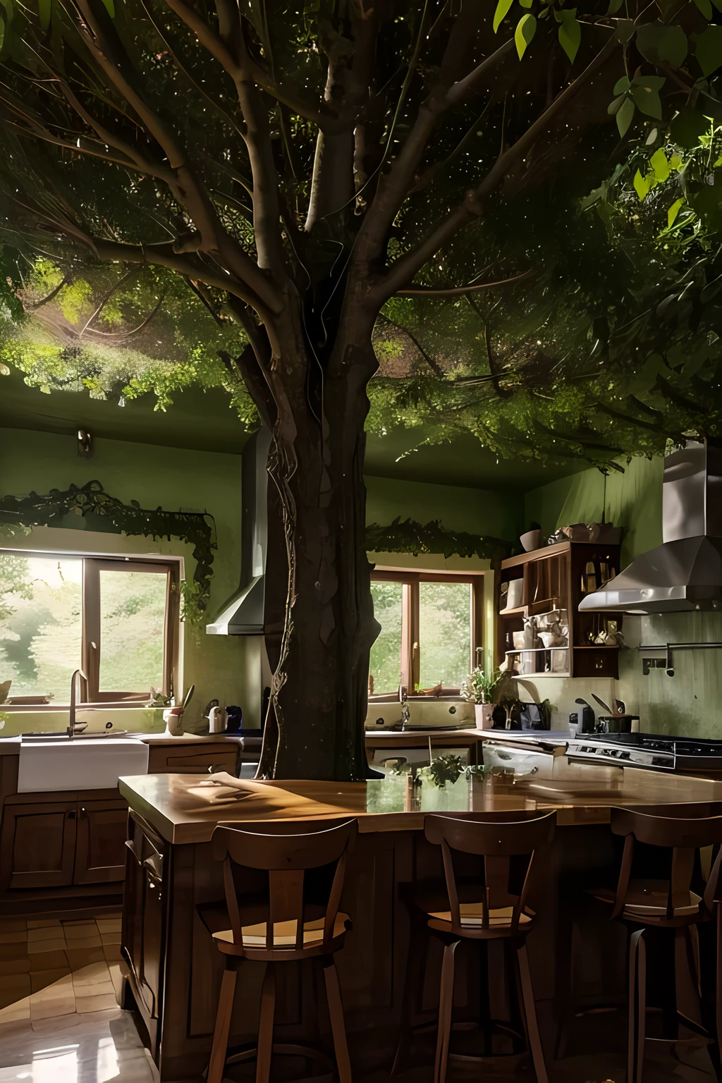 forest with fairies and a kitchen standing in the middle of it, (inside a tree:1.1)