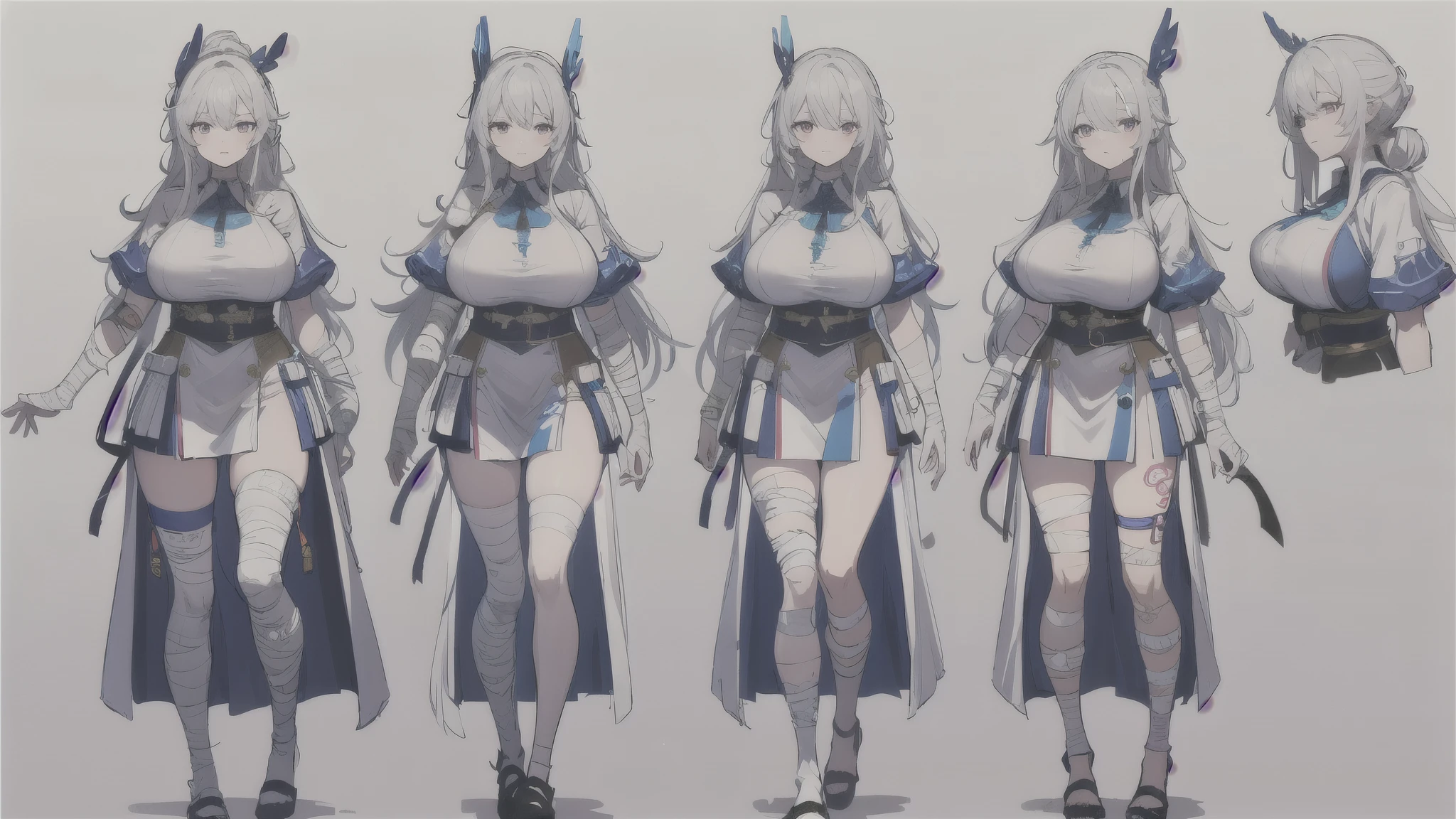 bandages, bandaged leg, tattoo, gigantic breasts, long neck, three sided view, sketch