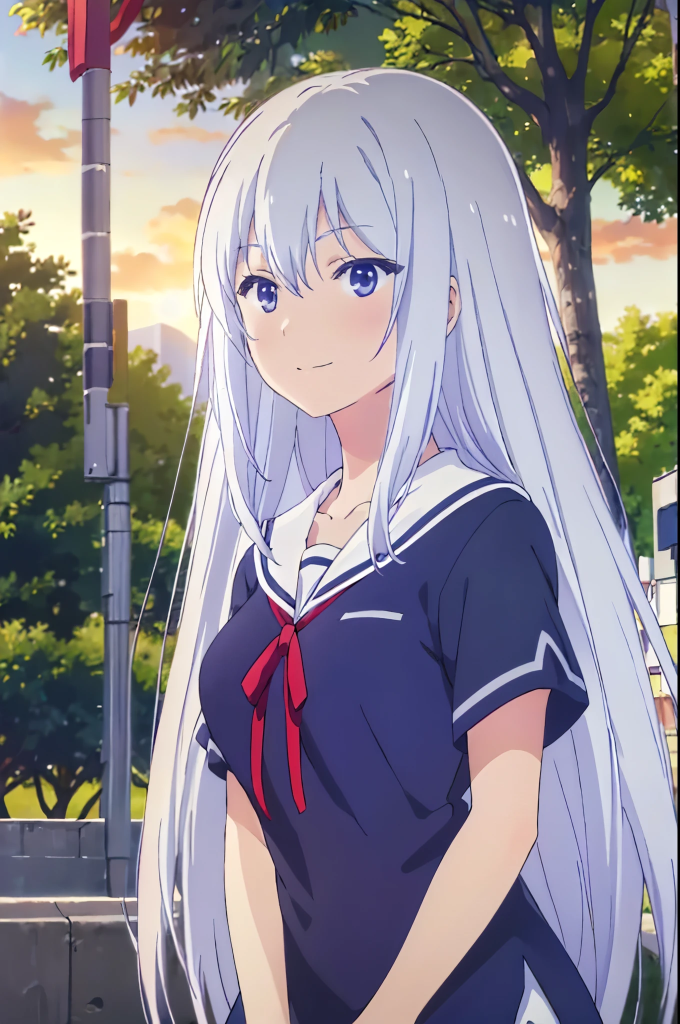 Big tits, (extremely detailed CG unity 8k wallpaper), (masterpiece), (best quality), (ultra-detailed), (best illustration), (best shadow), (absurdres), 1girl, solo, Masuzu, blue eyes, long hair, smile, 1girl, school uniform, white hair, short sleeves, ribbon, shirt, white sailor collar, closed mouth, outdoors, solo focus, upper body, tree, red ribbon, neck ribbon, serafuku, bangs, collarbone, sky, sailor collar, blue shirt, hair between eyes, cloud