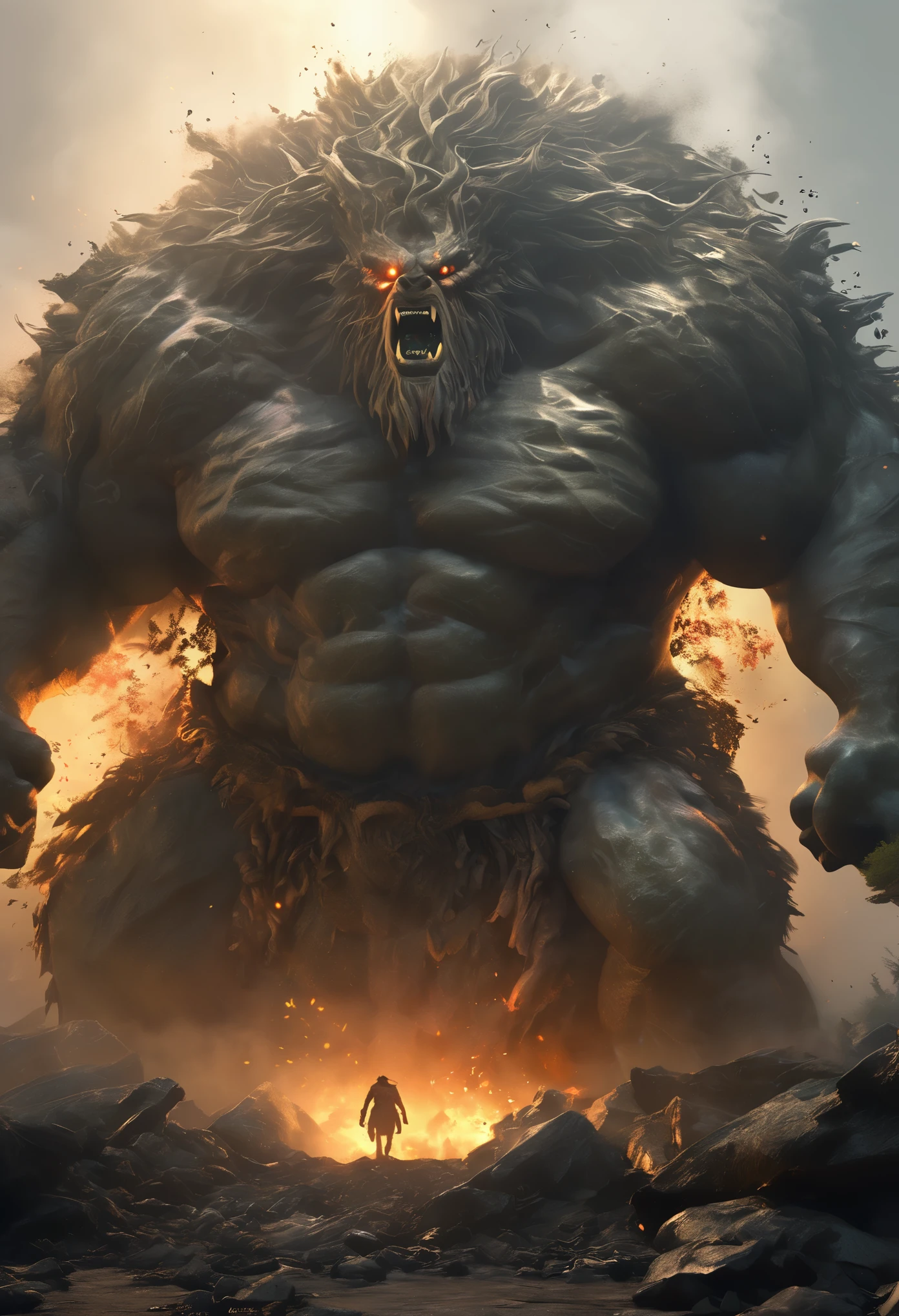 masterpiece,Super cool magical creatures,((Huge hill giant destroyed by modern city master)),roar,Violent and cruel,Tall and mighty,((petrified skin)),thick limbs,fighting,fire light,gravel,smoke,Random light and shadow,Glowing special effects,minimalist style,mist,(full body portrait:1.4),European and American fantasy style,Perfect,,highlight,bright colorful shades,Ink background,OC renderer,best picture quality,high resolution,dynamic perspective