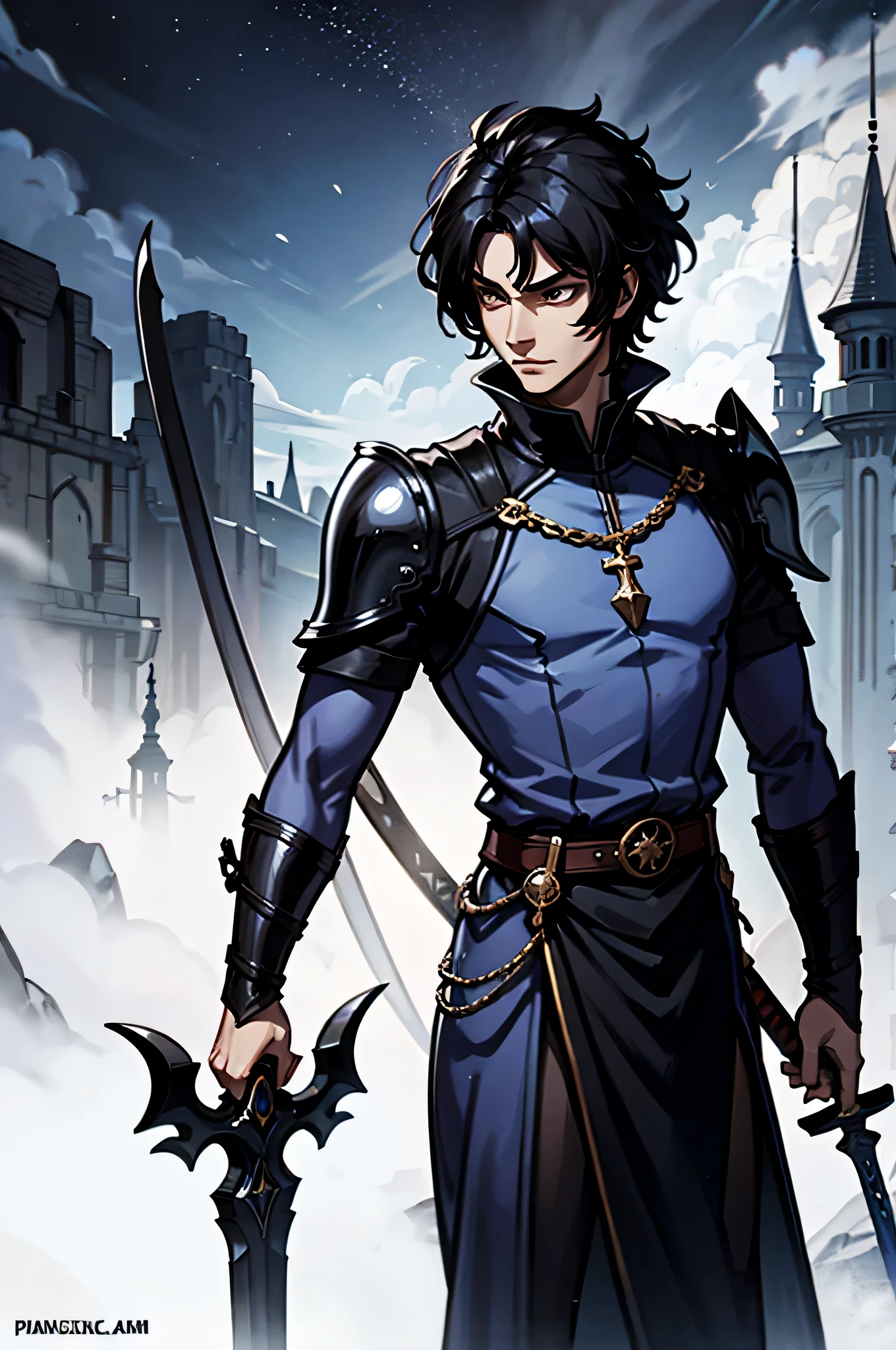 fantasy,magic,mystery,abnormal,black hair,prince,wearing armor,There are a lot of floating weapons next to it,Holding a long sword in hand