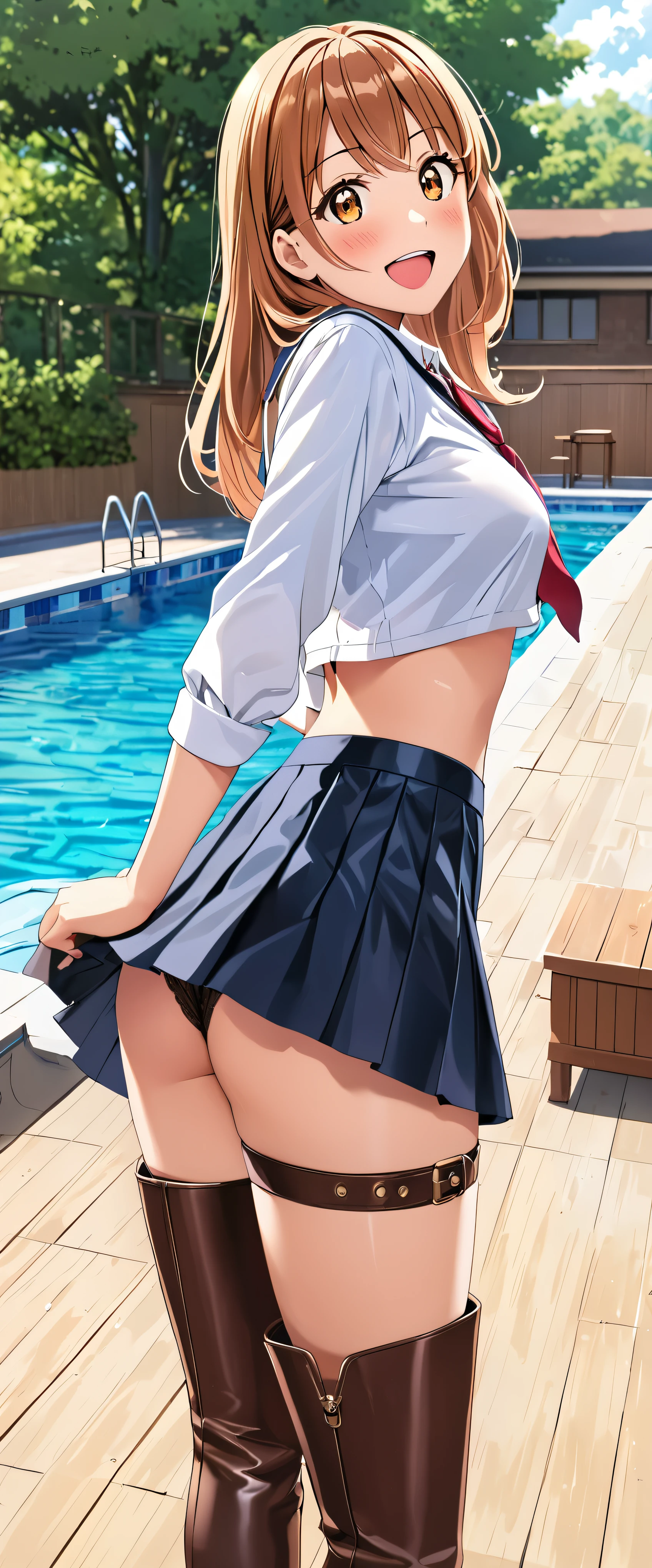 woman,20-year-old,pool,noon,(((uniform in skirt))),,open mouth smile((leather thigh high boots))(),(big ass),(()),blush、surprised face,(((I can see your pants))),((((look back))))(cute underwear)(Reflecting the buttocks)(stick out your butt)