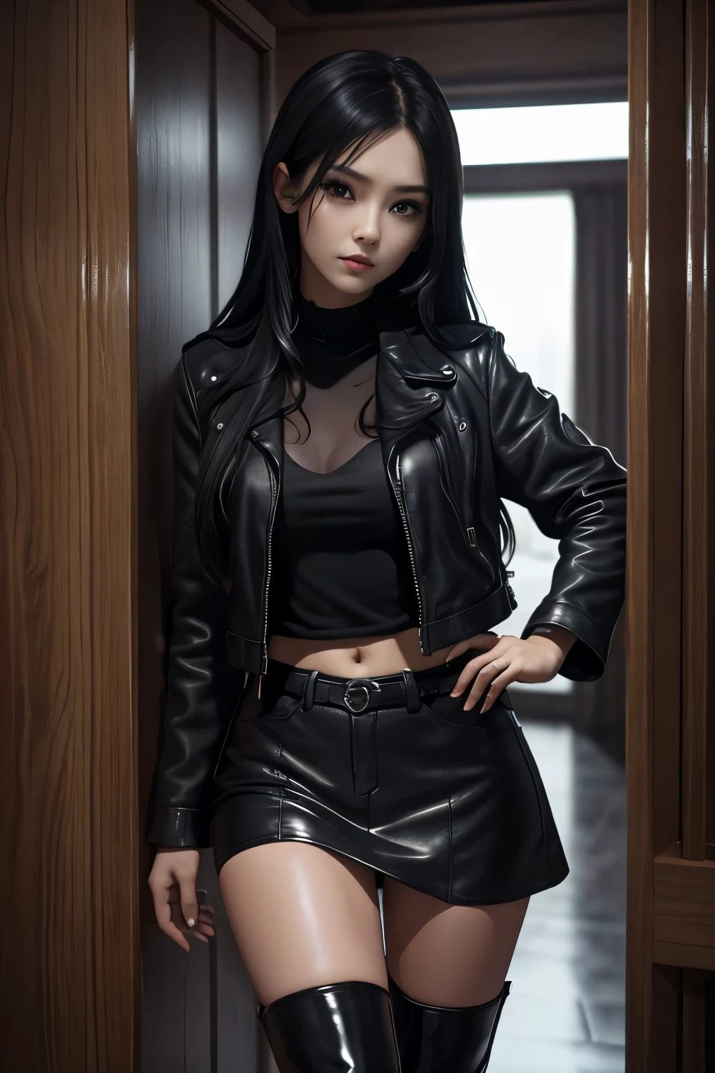 Trinity from Matrix with sunglasses wearing a black overcoat and a very short black mini skirt, sitting with her legs open lifting her skirt with her hand showing her pink panties underneath the skirt