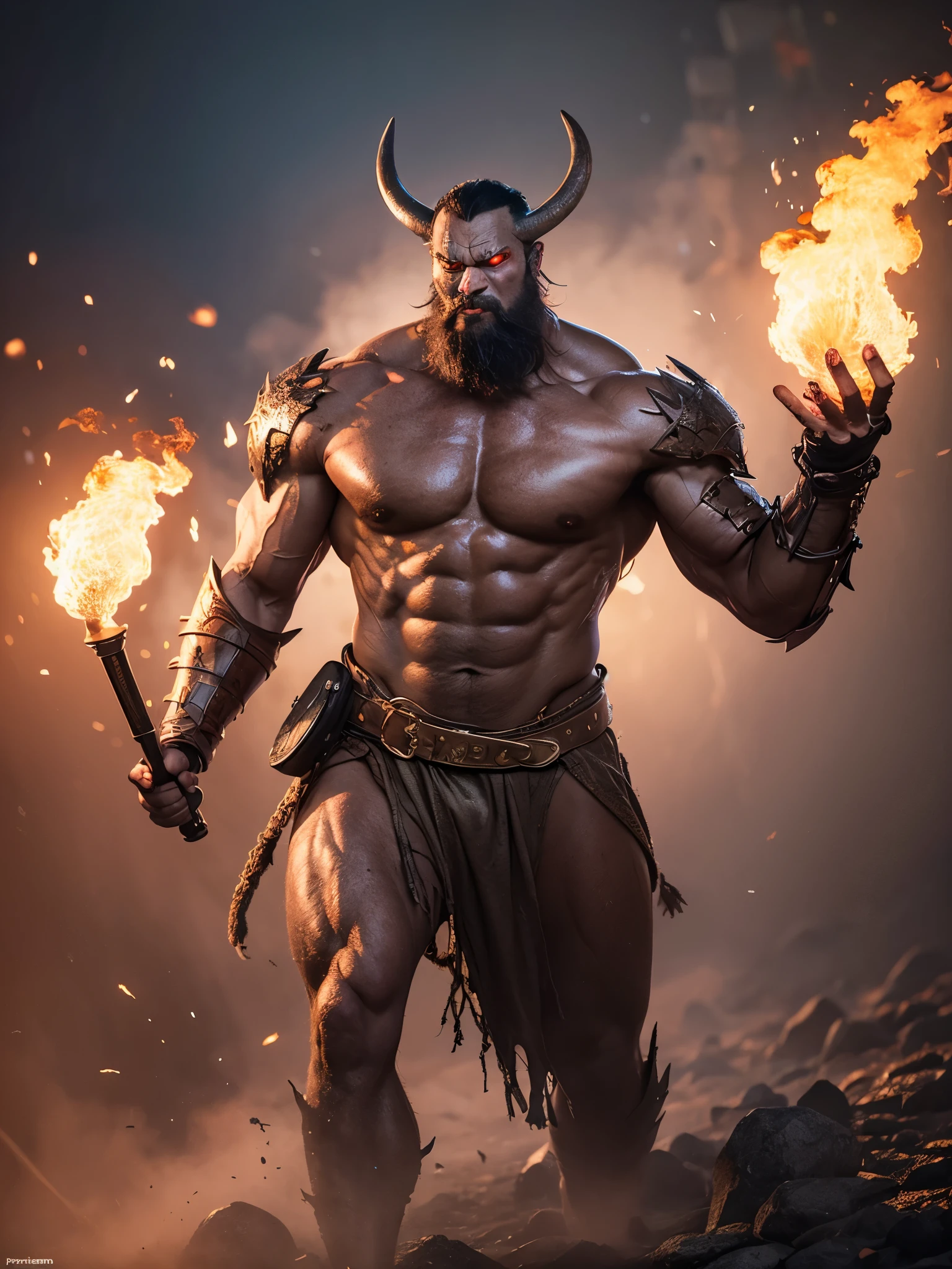 masterpiece,((Huge hill giant destroyed by modern city master)),roar,Violent and cruel,Tall and mighty,((petrified skin)),thick limbs,fighting,fire light,gravel,smoke,Random light and shadow,Glowing special effects,minimalist style,mist,(full body portrait:1.4),European and American fantasy style,Perfect,,highlight,bright colorful shades,Ink background,OC renderer,best picture quality,high resolution,dynamic perspective