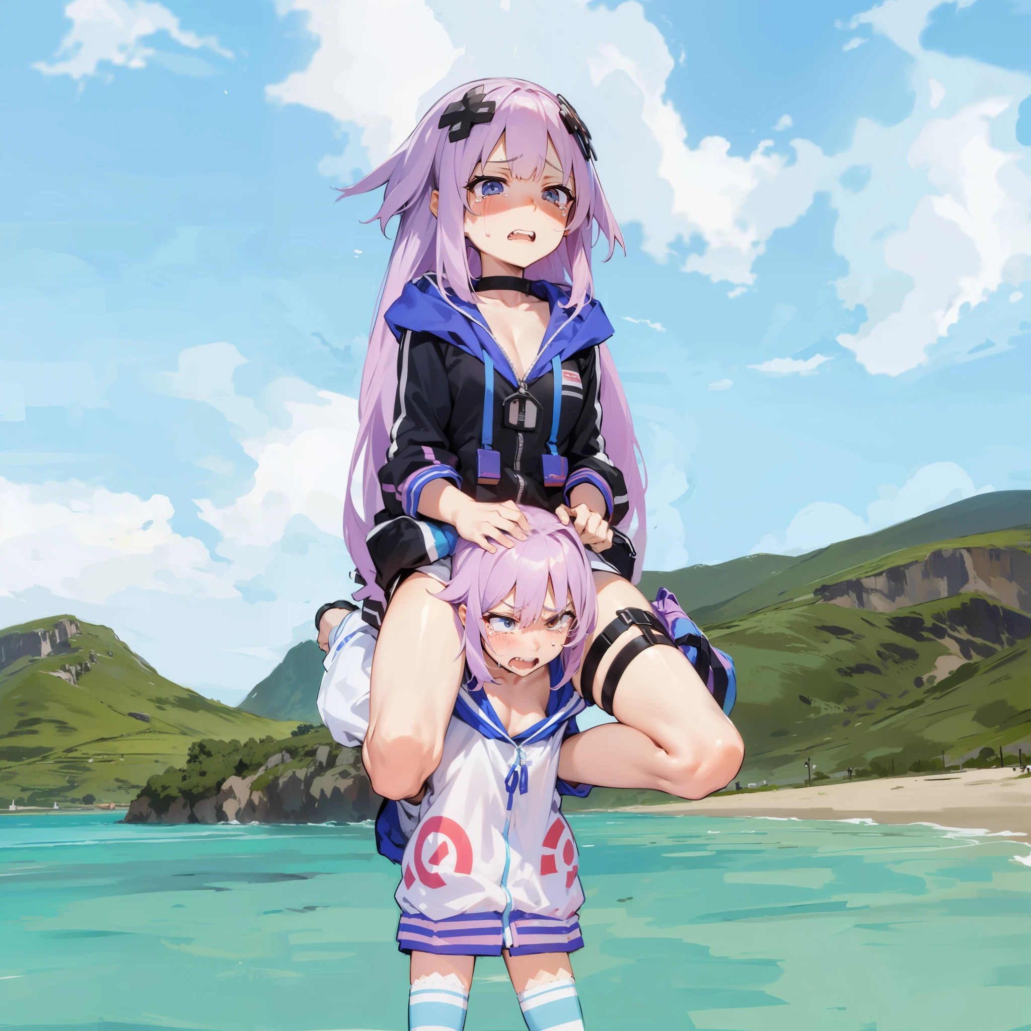 shoulder ride, crying, angry, pain, clencheed teeth, sun, beach, mountains,