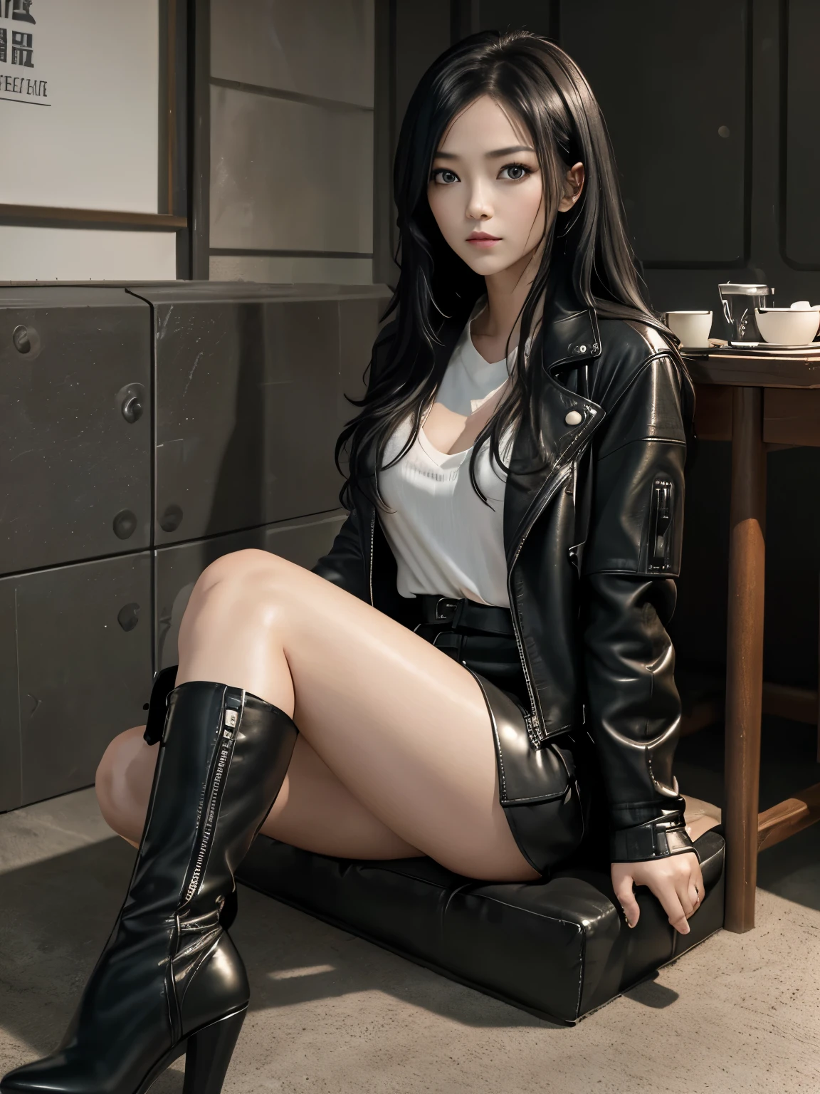 (high resolution、Real Photography:1.2)、dark and mysterious room、evening、twilight atmosphere、hideout、Secret places、desolate world、Tension、claustrophobic room、No escape、despair。leather jacket、high heel boots、mini skirt、long black hair、serious expression、beautiful young woman、sitting on the floor