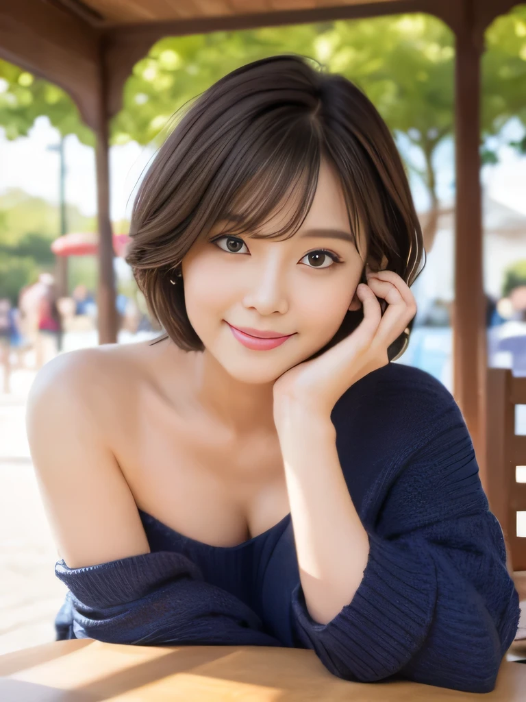 table top, highest quality, shape, Super detailed, finely, High resolution, 8k wallpaper, 完璧なダイナミックな構shape、Mature woman 27 years old cute girl、sweet girl、fiery idol pose、detailed face、Super detailedかわいい目、realistic lips、realistic and beautiful skin、shy smile、wavy brown short cut hair、small breasts、bold sexy pose、Sweater with one shoulder exposed、amusement park、