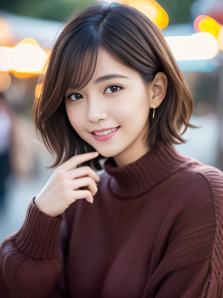 table top, highest quality, shape, Super detailed, finely, High resolution, 8k wallpaper, 完璧なダイナミックな構shape、Mature woman 27 years old cute girl、sweet girl、fiery idol pose、detailed face、Super detailedかわいい目、realistic lips、realistic and beautiful skin、shy smile、wavy brown short cut hair、small breasts、bold sexy pose、Sweater with one shoulder exposed、amusement park、