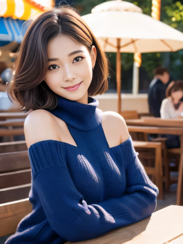 table top, highest quality, shape, Super detailed, finely, High resolution, 8k wallpaper, 完璧なダイナミックな構shape、Mature woman 27 years old cute girl、sweet girl、fiery idol pose、detailed face、Super detailedかわいい目、realistic lips、realistic and beautiful skin、shy smile、wavy brown short cut hair、small breasts、bold sexy pose、Sweater with one shoulder exposed、amusement park、