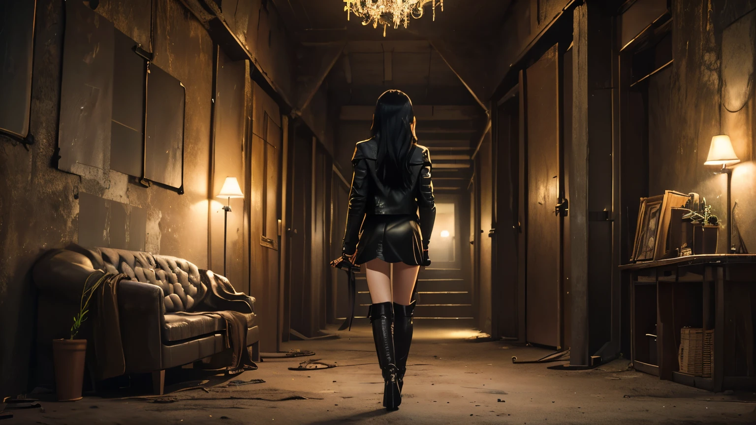 (high resolution、Real Photography:1.2)、dark and mysterious ruins、evening、twilight atmosphere、hideout、Secret places、desolate world、Tension、claustrophobic room、No escape、despair。leather jacket、high heel boots、mini skirt、long black hair、serious expression、beautiful young woman、back view