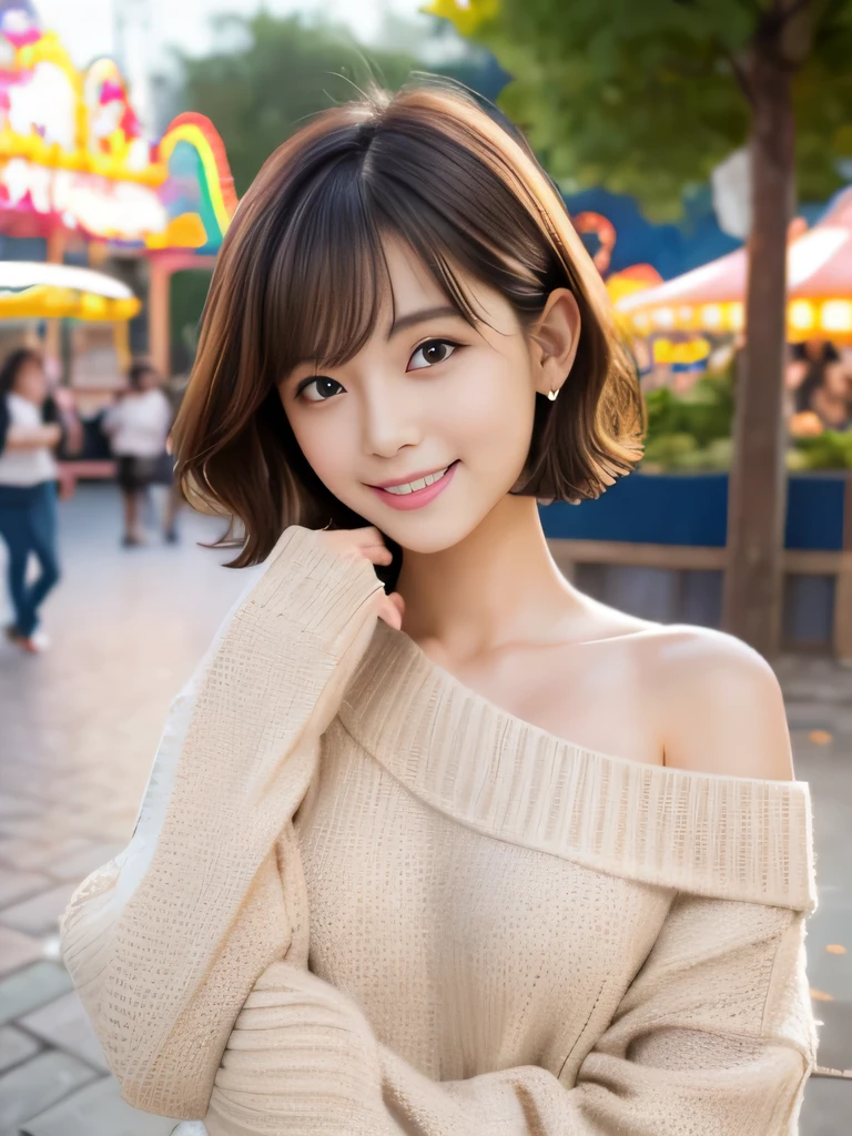 table top, highest quality, shape, Super detailed, finely, High resolution, 8k wallpaper, 完璧なダイナミックな構shape、Mature woman 27 years old cute girl、sweet girl、fiery idol pose、detailed face、Super detailedかわいい目、realistic lips、realistic and beautiful skin、shy smile、wavy brown short cut hair、small breasts、bold sexy pose、Sweater with one shoulder exposed、amusement park、