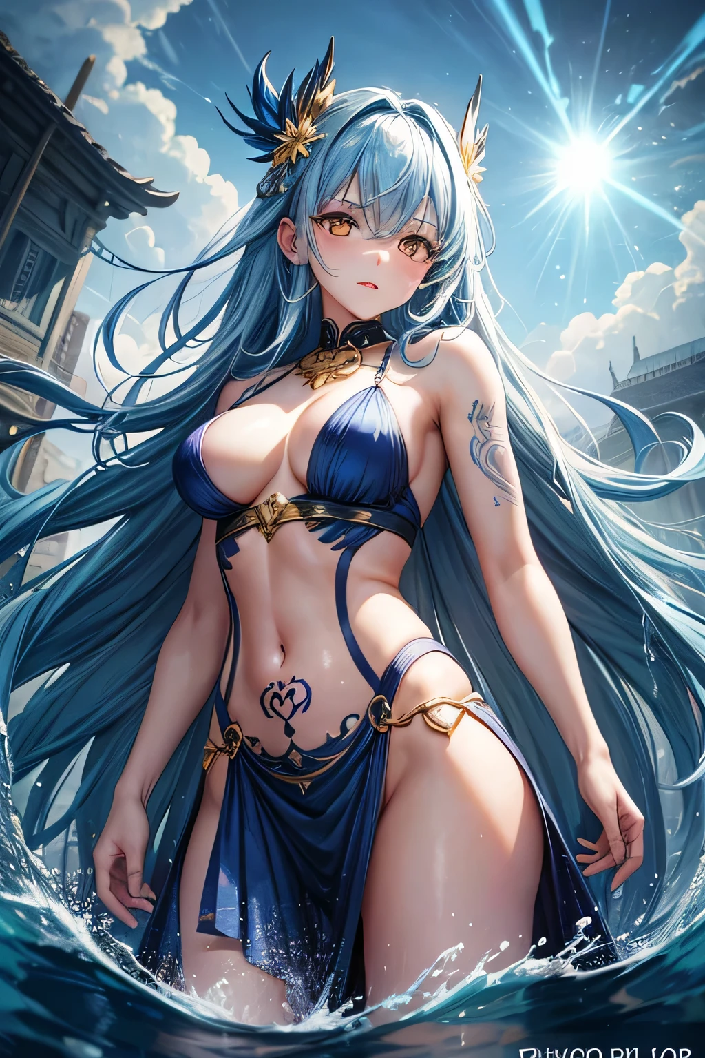 (((golden eyes)))、anger、splash of water、(((storm)))、strong wind、female organ、blue pubic hair、hair ornaments、naked、(((Blue tattoo)))、Beautiful Girl Magician、(((light blue long hair)))、((whole body))、(((photo taken from below)))、magic circle、background is sky