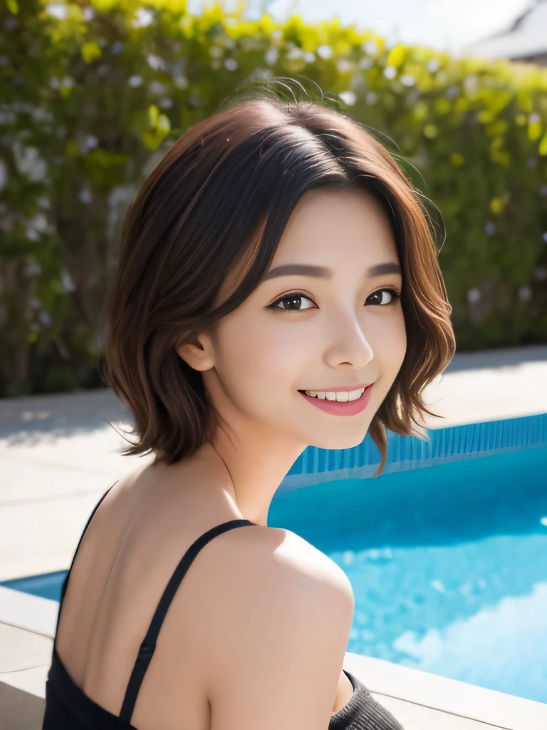 table top, highest quality, shape, Super detailed, finely, High resolution, 8k wallpaper, 完璧なダイナミックな構shape、Mature woman 27 years old cute girl、sweet girl、fiery idol pose、detailed face、Super detailedかわいい目、realistic lips、realistic and beautiful skin、shy smile、wavy brown short cut hair、small breasts、bold sexy pose、Sweater with one shoulder exposed、indoor poolside、