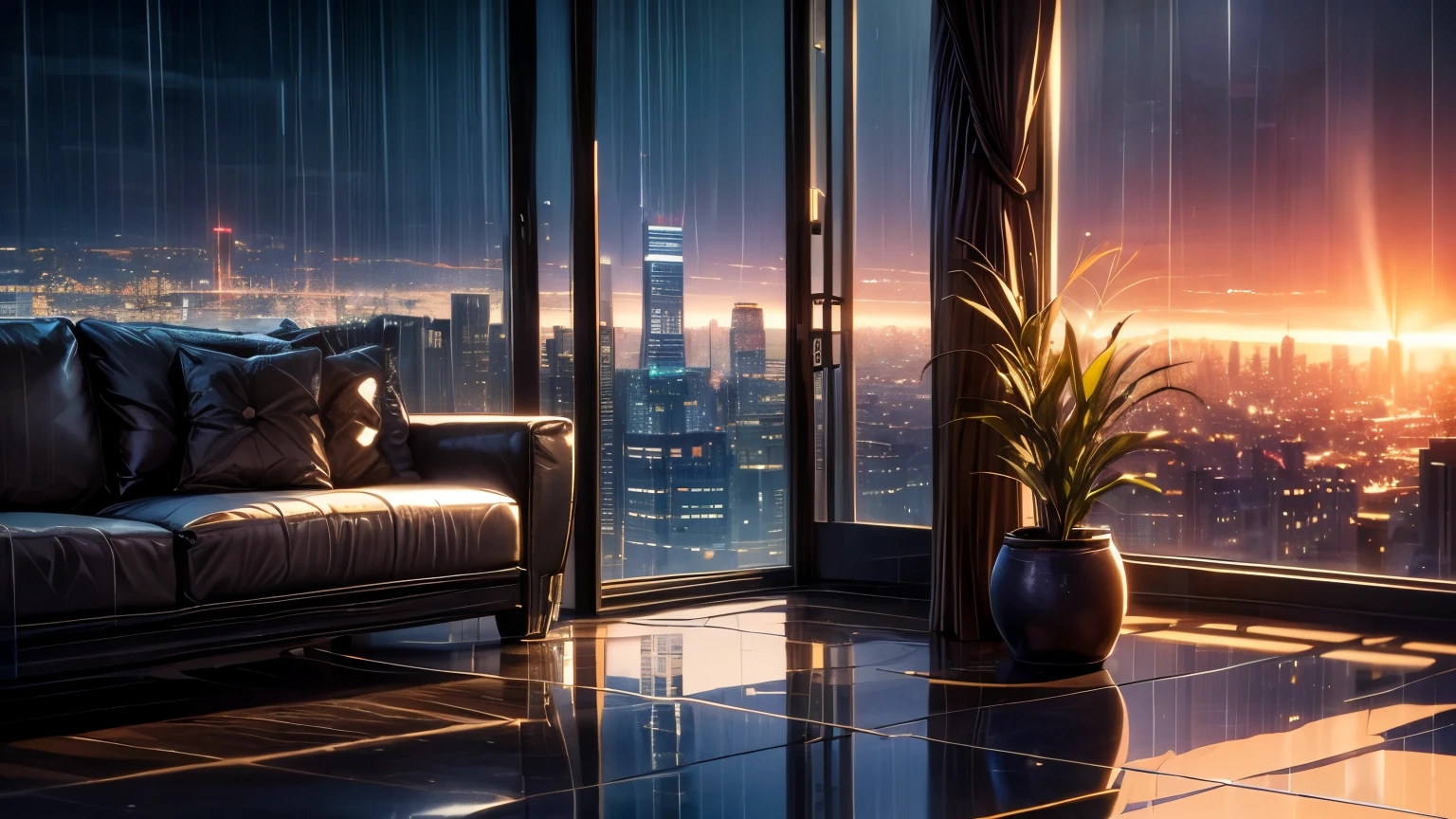 (night,highres,masterpiece:1.2),ultra-detailed,(realistic,photorealistic,photo-realistic:1.37),bookshelf,majestic Leo constellation,serene rainy weather,glass-paneled floor-to-ceiling windows overlooking a bustling metropolis,starlit cityscape,moody atmosphere,poetic and dreamlike scene,horizontal composition,style of Makoto Shinkai,high-definition anime cityscape,serene garden, depth of field,Cg Unity 8K wallpaper