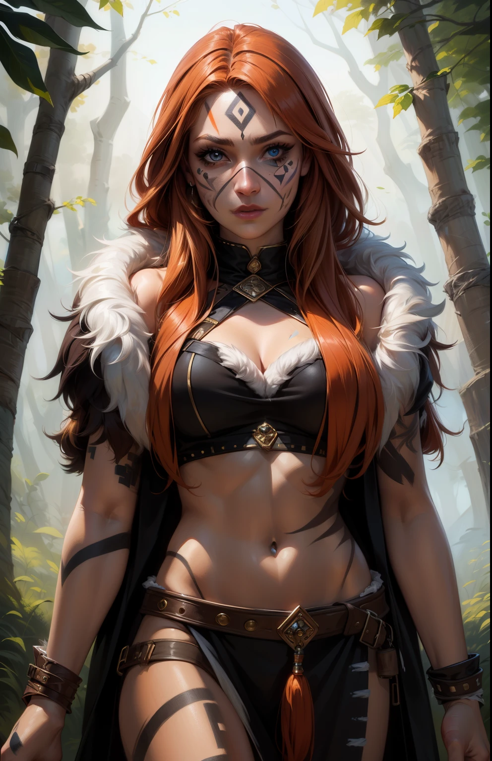 paint on belly, perfect eyes:1.2, detailed eyes:1.4, serious, barbarian, fur trim, facepaint:1.2, tribal, tribal paint, fur-trimmed coat, orange hair, nature, 1girl, solo, (masterpiece:1.6, best quality),