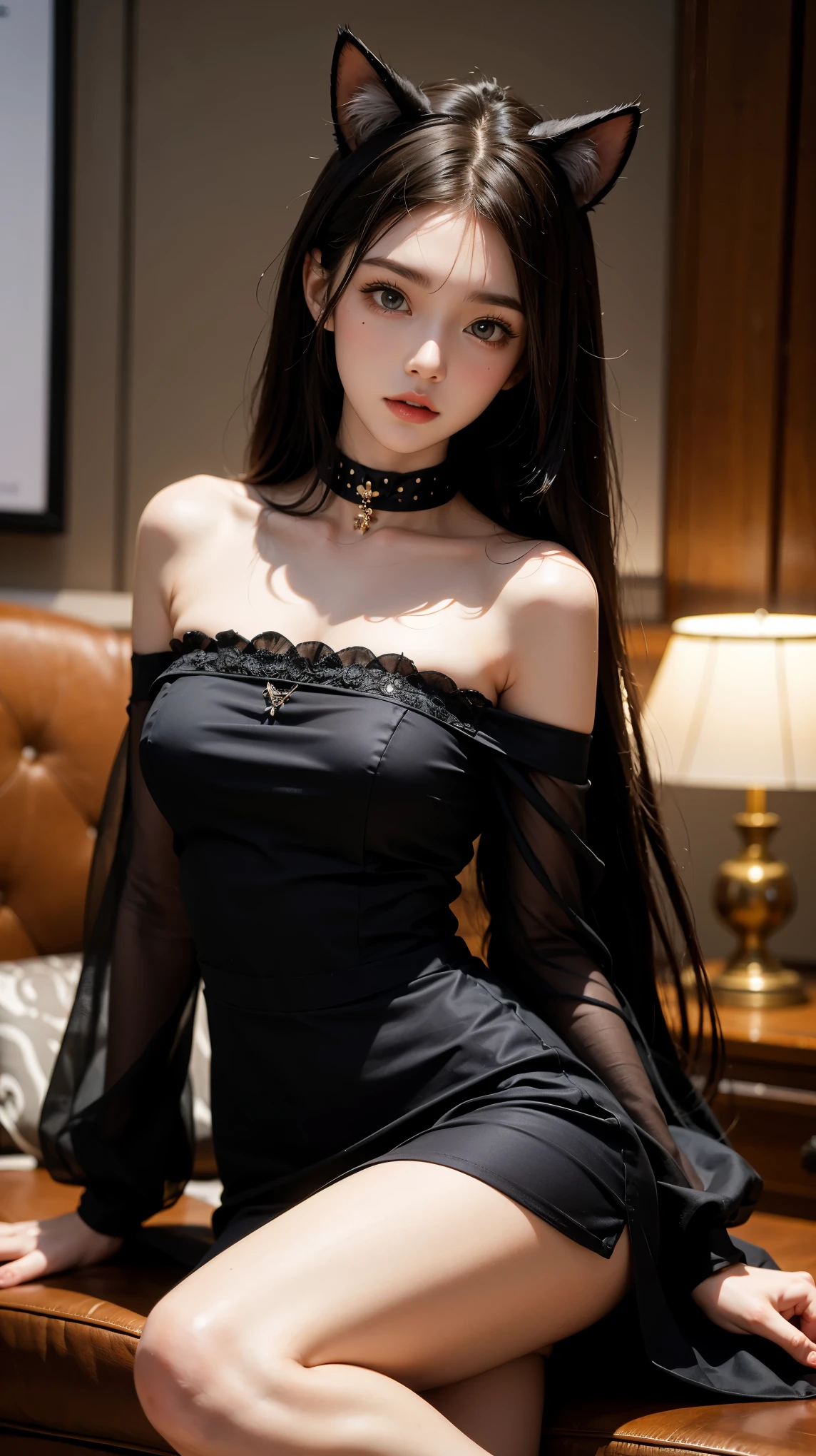 1girl, black dress, sitting, cat ear, 
masterpiece, best quality, 32k uhd, hdr, dtm, 16K, super wide angle,