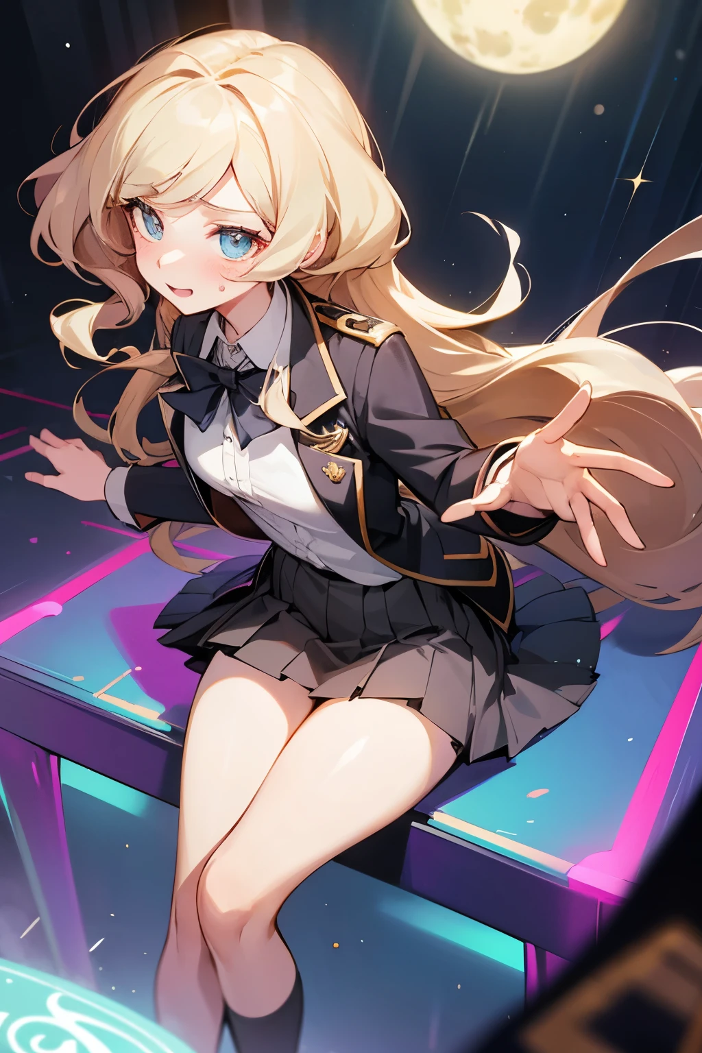Solo shot featuring Diana Cavendish, long hair, DianaCavendishBase, Black thighs, Blush, Collared shirt, Jacket, Luna Nova school uniform, DJ skirt, She showcases her skills on the turntables in a vibrant rave.