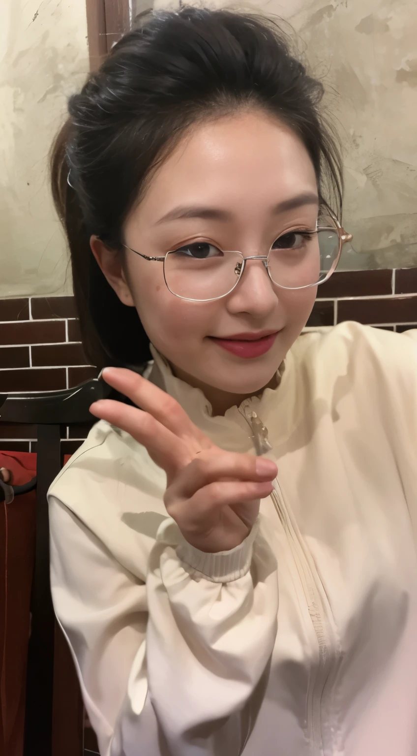 there is a woman wear glasses making a peace sign with her hand, Wearing thin and large round-rimmed glasses, Wearing small round glasses, Xintong Chen, 8k selfie photos, wenfei ye, li zixin, Ruan cute vtuber, wear glasses, young cute girl, yanjun chengt, xision wu, Young cute asian face, wenjun lin