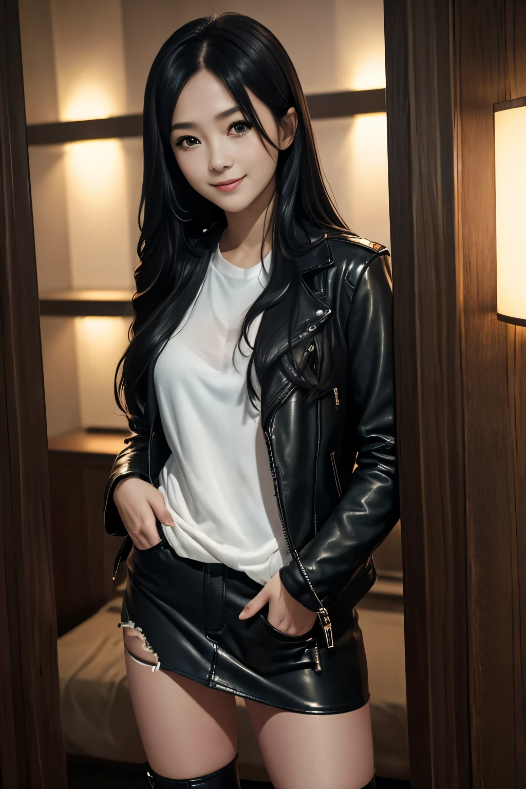 (high resolution、Real Photography:1.2)、dark and mysterious room、evening、twilight atmosphere、hideout、Secret places、desolate world、sense of security、claustrophobic room、No escape、despair。leather jacket、high heel boots、mini skirt、long black hair、gentle smile、beautiful young woman