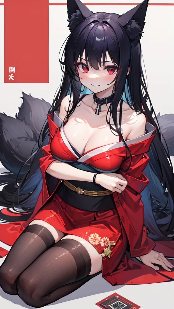 (8k、Highest image quality、best quality、masterpiece)、Detailed face、handcuffs,collar,fox ears,1 girl、black hair,(Chest tied with tape:1.6)(tape gag:1.2)、long hair、red eyes、Smile、big breasts、red kimono、whole body、fine seat、Cross your arms across your chest、Japanese-style room background background