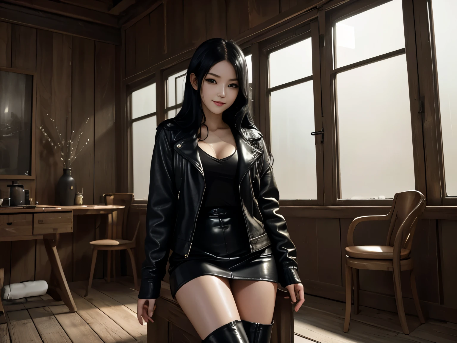 girl, beautiful, slender, sexy, big elastic breasts, makeup, choker, , shirt, jacket, skirt, stockings, hentai,