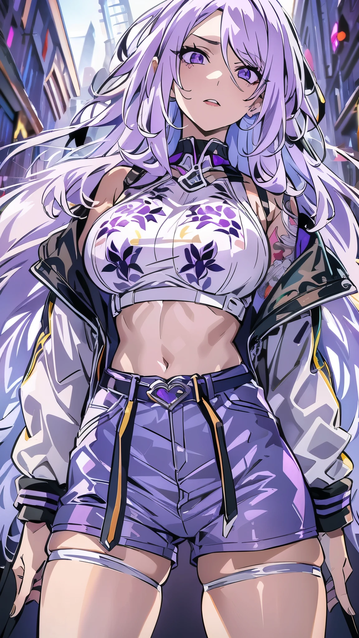 ((8K resolution))、((highest quality))、((masterpiece))、((Super detailed))((((dramatic))), (anatomically correct)、anime style、one person、one personの女性、eight-headed body、((The left eye is hidden by hair, purple eyes)), ((white jacket, Purple pattern)), black leather shorts and bra, (white stripe), purple hair、(theme、whole body)