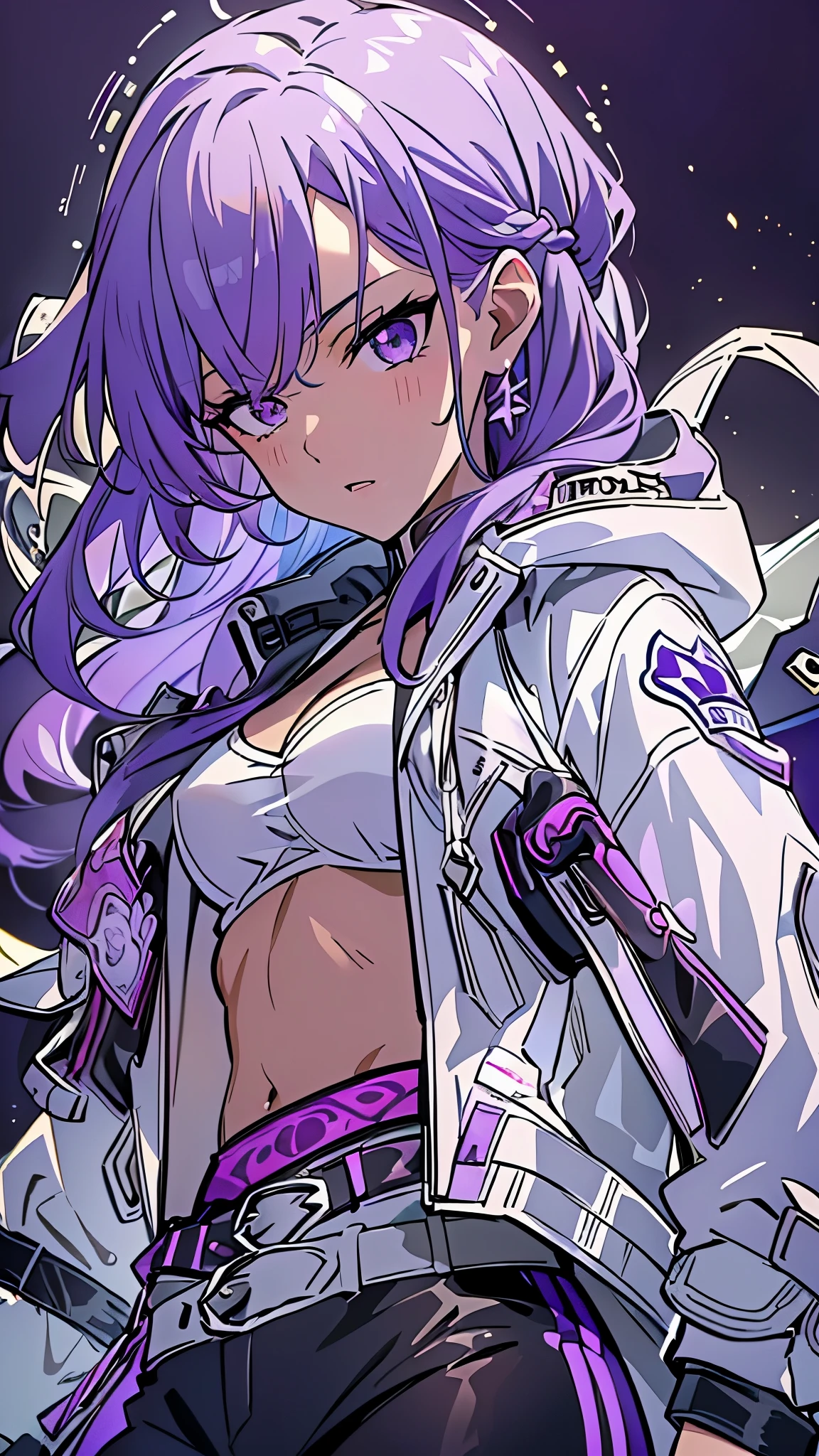 ((8K resolution))、((highest quality))、((masterpiece))、((Super detailed))((((dramatic))), (anatomically correct)、anime style、one person、one personの女性、eight-headed body、((The left eye is hidden by hair, purple eyes)), ((white jacket, Purple pattern)), black leather shorts and bra, (white stripe), purple hair、(theme、whole body)