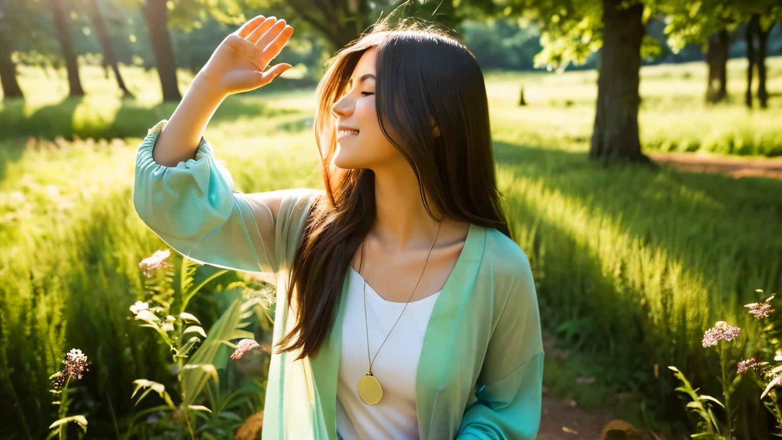 Create an image that evokes a sense of spiritual harmony and healing for the viewer. Depict a solitary beautiful young woman standing in a natural setting, feeling a deep connection between her inner self and the outer world around her. She should appear serene and at peace spiritually.
The scene should convey a positive, uplifting feeling of her reflecting thoughtfully on her way of being and moving forward with an optimistic, empowered outlook on her life's journey. The colors, lighting, and composition should reinforce the themes of inner tranquility, self-reflection, and having an affirming, enlightened perspective.
Some details to consider including:
- A stunningly beautiful young woman alone in a lush natural environment like a forest glade, flower-filled meadow, or by a calm lake/stream
- Her posture relaxed but upright, eyes closed or gazing peacefully with a subtle contented smile
- Warm, radiant natural lighting like golden hour sunlight filtering through trees
- Lush green foliage, wildflowers, and other vibrant natural elements surrounding her
- Her clothing could be loose, flowing and in earthy tones to blend with the environment
- Potential subtle spiritual symbols like a tree of life, mandala, or butterflies
- Her long flowing hair could catch the light in a vibrant way
The overall aesthetic should be one of centered youthful beauty existing in harmony with nature, exuding an empowered sense of mindful self-awareness and choosing to embrace life's journey with grace, inner strength and an open heart.