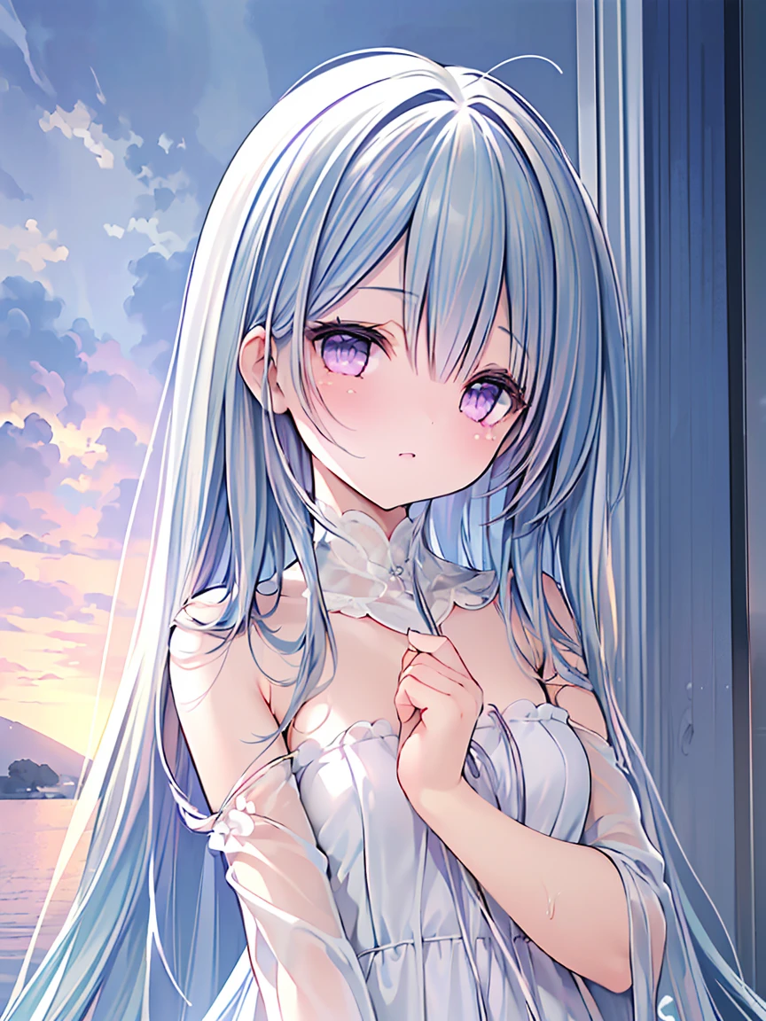 masterpiece, best quality, extremely detailed, (illustration, official art:1.1), 1 girl ,(((( light blue long hair)))), light blue hair, ,10 years old, long hair ((blush)) , small breasts,cute face, big eyes, masterpiece, best quality,(((((a very delicate and beautiful girl))))),Amazing,beautiful detailed eyes,blunt bangs((((little delicate girl)))),tareme(true beautiful:1.2),seductive smile, sense of depth,dynamic angle,,,,affectionate smile, ,(tiny 1girl model:1.2) ((masterpiece, best quality, extremely detailed, absurdreelhor qualidade,4k,8k,high resolution,obra de arte:1.2),ultra-detalhado,(realista,photorealista,photo-realista:1.37), High definition RAW color art, Animation,sculptures, silver marble skin, (((Ultra detailed elegant))), Magical atmosphere, (Detailed skin, Texture (Intricately detailed, Fine detail, ultra-detailliert), Pastel color, depth of fields, Bokeh, silky touch, bright eyes, (Violet Sky, dynamic cloud), hyper detail, The ground is reflecting, stand on the surface of the water
