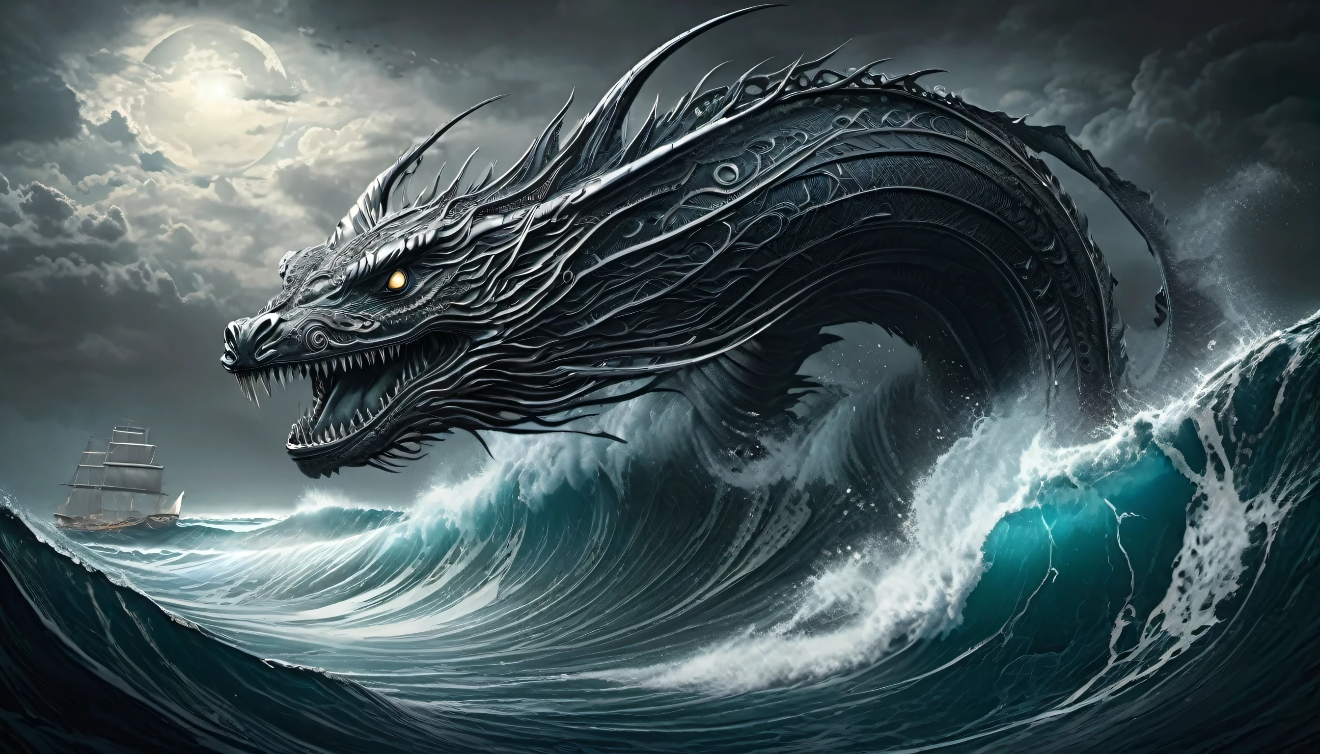 High-quality rendering technology brings this mythical creature, Stunning high quality illustration of the mythical Leviathan, Intricate details typhoon sea, Development of dark fantasy, Precise lines and skilled brushstrokes bring this creature to life.、Express with high contrast。, A visually impressive masterpiece, Be amazed by the power and detailed depictions of legendary figures, The essence of dark fantasy with well-crafted lines and meticulous attention to detail, Amazing high quality rendering, Immerse yourself in the world of dark fantasy, witness amazing skills, Intricate details and stylish rendering, Perfect for fans of dark fantasy, dark fantasy aesthetic illustration,