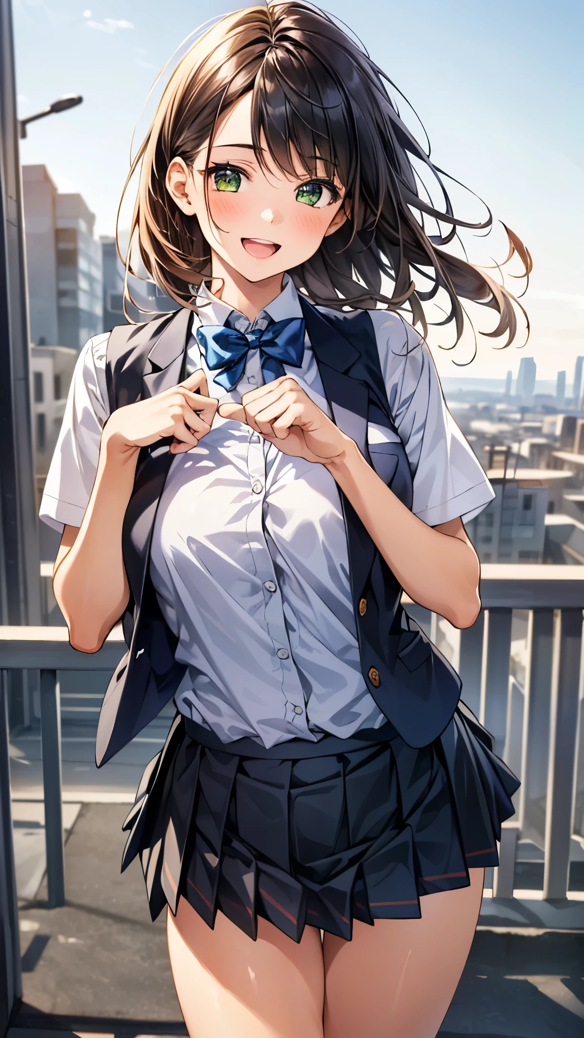 (masterpiece:1.3, top-quality, ultra high res, ultra detailed), (realistic:1.1, photorealistic:1.4), beautiful illustration, perfect lighting, colorful, depth of fields,
beautiful detailed hair, beautiful detailed face, beautiful detailed eyes, beautiful clavicle, beautiful body, beautiful chest, beautiful thigh, beautiful legs, beautiful fingers,
looking at viewer, 1 girl, japanese, high school girl, perfect face, (perfect anatomy, anatomically correct), cute and symmetrical face, babyface, suntan, shiny skin,
(long hair:1.5, straight hair:1.2, bany hair), asymmetrical bangs, dark green eyes, long eye lasher, (medium breasts), slender,
(black school vest, collared short sleeve shirt, white shirt, school uniform, black box pleated skirt, dark green bow tie), blue stripe panties,
(beautiful scenery), evening, (outdoors, cityscape in the distance), standing, (paw pose), (lovely smile, upper eyes, open mouth),