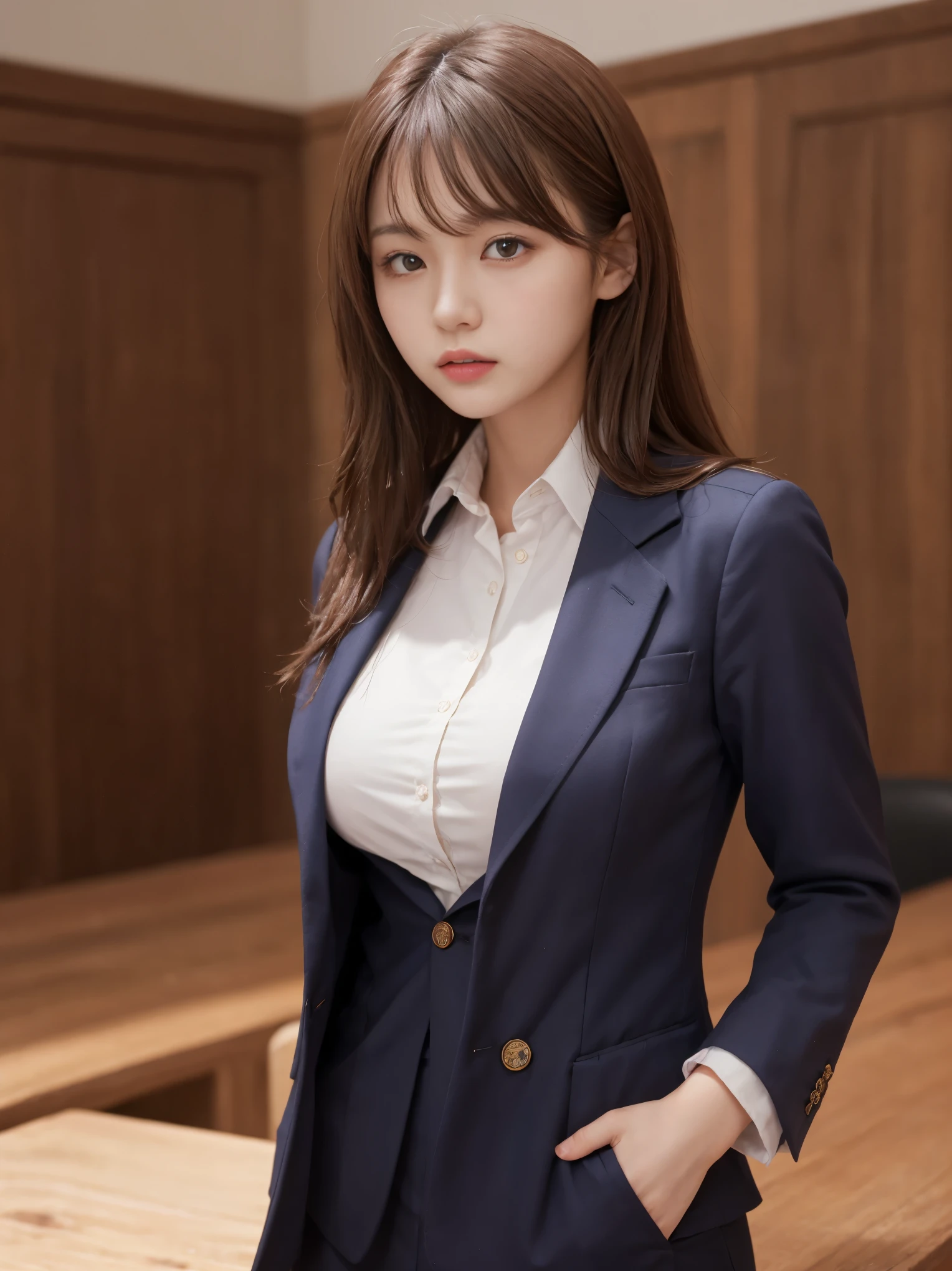 on the table, best quality, enlightenment, super detailed, finely, High resolution, 8k wallpaper, perfect dynamic composition, beautiful and delicate eyes,  natural lip,blazer jacket ,uniform, chopped, full body esbian,put your hands in your pockets、big breasts