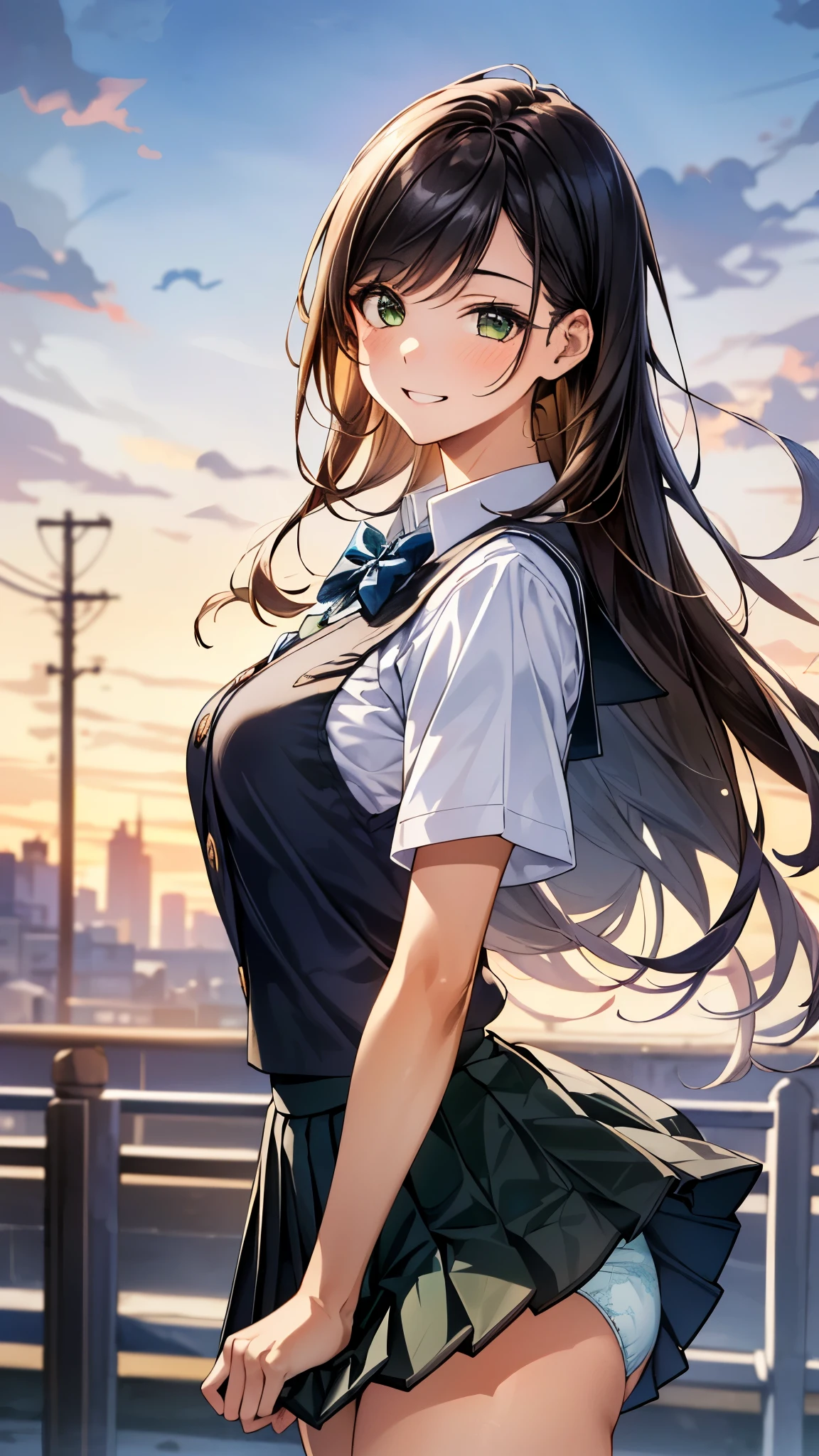 Anime girl with long hair and green eyes standing on a bridge - SeaArt AI