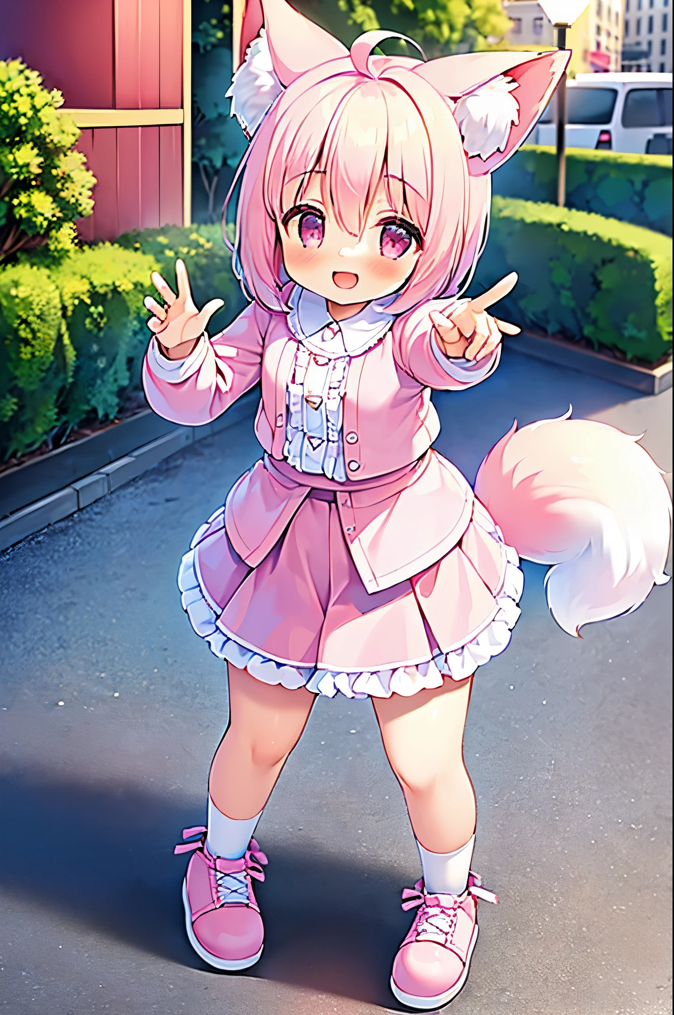 (((masterpiece))), (high quality:1.5))), (beautiful:1.5), (((8k))), (High resolution:1.5), (1 girl:1.5), (pink short hair:1.4), (pink short hair:1.4), (Pink fox tail:1.5), (Pink fox tail:1.4), (pink fox ears and white tips), (pink eyes), (Super cute light blue ruffle pleated skirt:1.3), (Very cute light blue blouse with frills:1.4), (long sleeve:1.1), (walk on the sidewalk in the city:1.4), (Laughing 1.4), (dynamic pose:1.4), (Hands behind your hips:1.4)