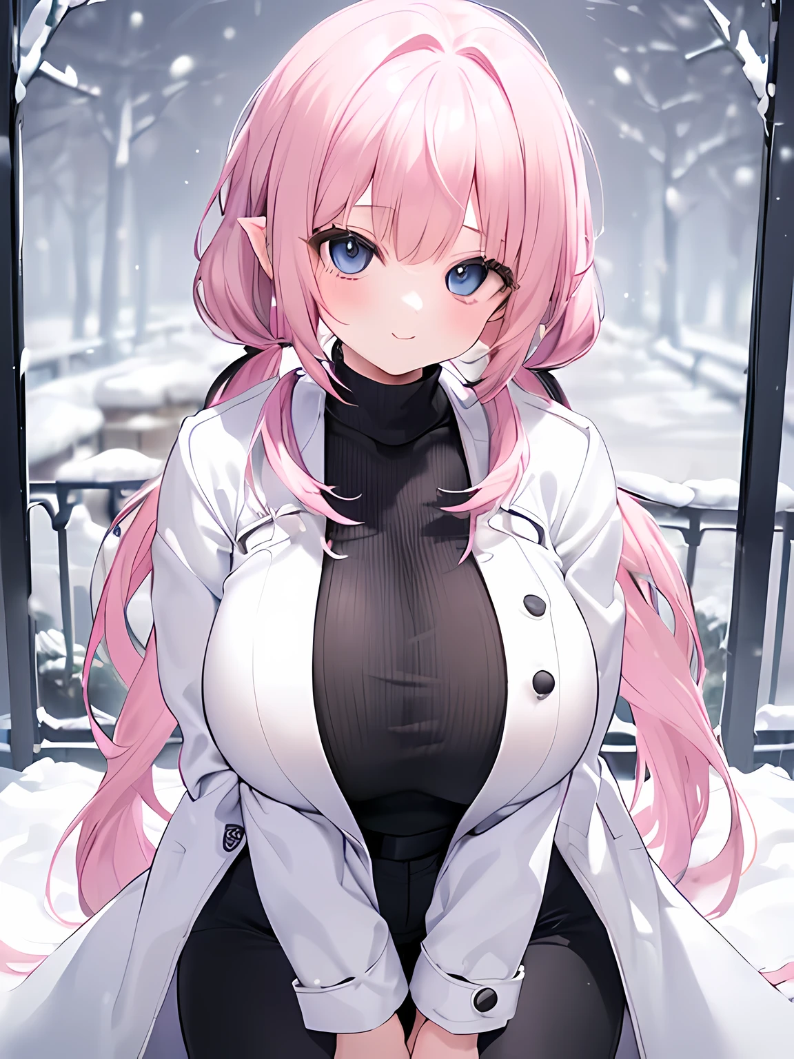 masterpiece,highest quality,(Super detailed),written boundary depth,perfect sentence, Detailed CG,Super detailed,(highly detailed eyes,very cute face,highly detailed face:1.3),beautiful anime girl,(solo girl:1.9),(super huge breasts:1.7),(pink hair,low twin tails:1.5),(light blue eyes:1.3),(smile full of joy:1.3),open your mouth,show viewer,break,(black turtleneck,white overcoat,open outerwear:1.5),denim pants,knee high boots,put one'Hand in hand'pocket of,snow,night,garden,gaslight,Are standing,exhale white breath,(cowboy shot)