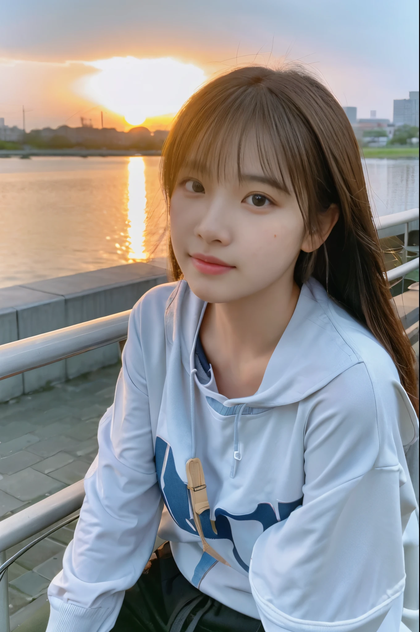 table top, highest quality, Portrait of one girl、Pores and skin texture can be checked with high resolution、A walk along the bank in the evening、Plain color、sunset、SLR camera image quality、
