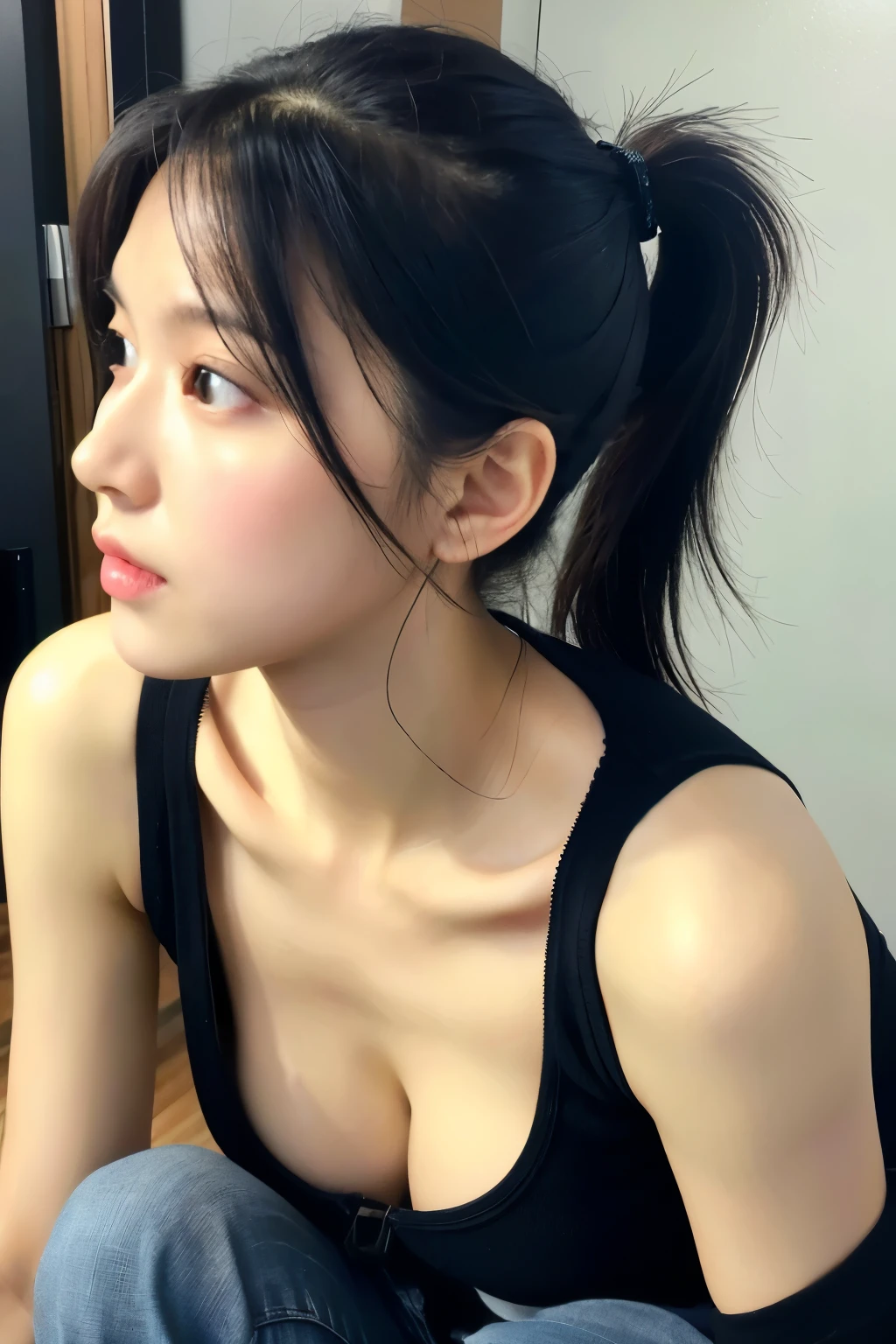 (lifelike, High resolution:1.3), 1 Girl with perfect body, very detailed face and eyes,ponytail,black hair, random color cut shirt:1.2, short jeans, from an angle,expose cleavage、profile、The background is Tokyo、sex appeal