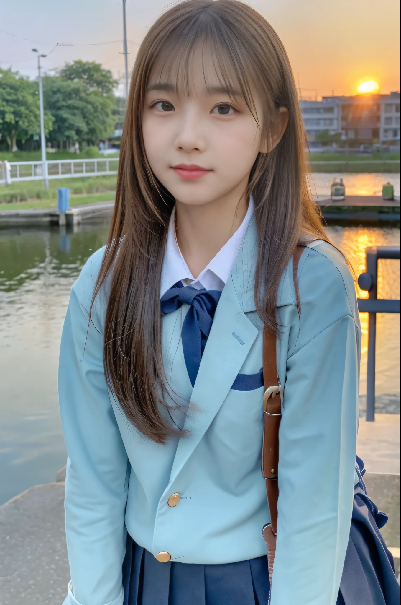 table top, highest quality, Portrait of one girl、Pores and skin texture can be checked with high resolution、A walk along the bank in the evening、Plain color、sunset、SLR camera image quality、back from school、uniform、