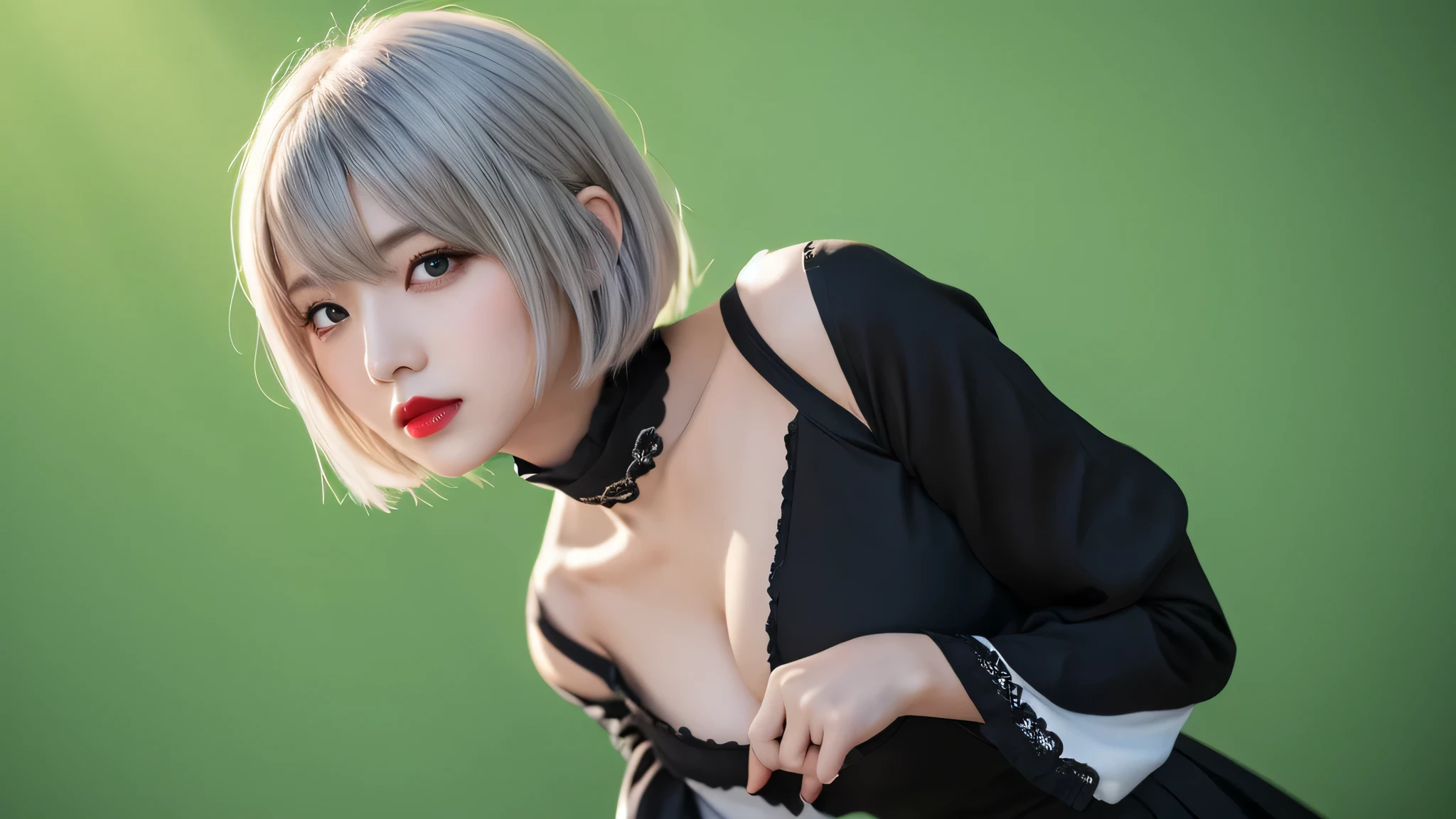 ((alone,masterpiece,highest quality,High resolution,realistic, photo realistic)), (YoRHa type B, juliet sleeves, long sleeve, NieR (series), NieR automata, chest, cleavage, cleavage cutout, cleavage 半透明の刺繍,black costume,clothing clippings,plump sleeves,black turtleneck, ruffle skirt), green background, hair between eyes, black hair band, High resolution, (red lips, face with shadow,silver hair,short hair), Upper body, blue sky,looking at camera,sexy pose