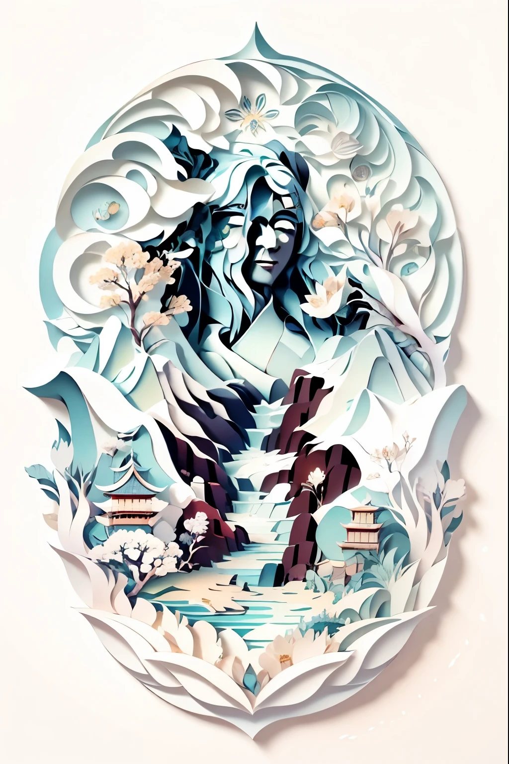 (The art of math,paper cutting:1.2)，mountains, tree, river，flowers，lotus， (Oriental elements, Chinese color, Advanced color matching),  (3D sculpture，Render by Octane，Volumetric light，natural soft light，), (Super exquisite:1.2, Loss of focus:1.2, Very colorful, light, chiaroscuro,Ray tracing), masterpiece, super rich,super detailed,8k