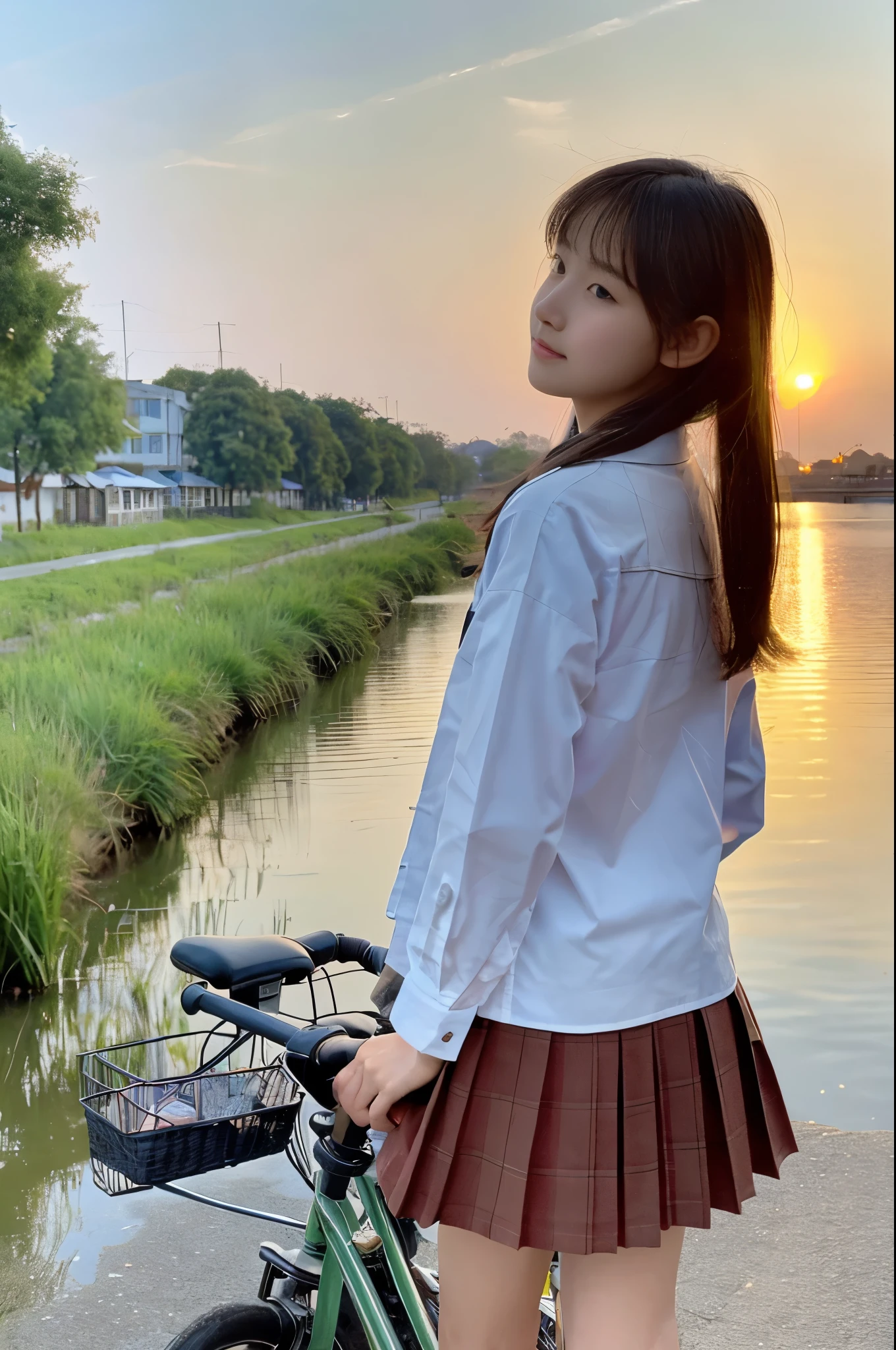 table top, highest quality, Portrait of one girl、Pores and skin texture can be checked with high resolution、A walk along the bank in the evening、Plain color、sunset、SLR camera image quality、back from school、uniform、pushing a bicycle by hand